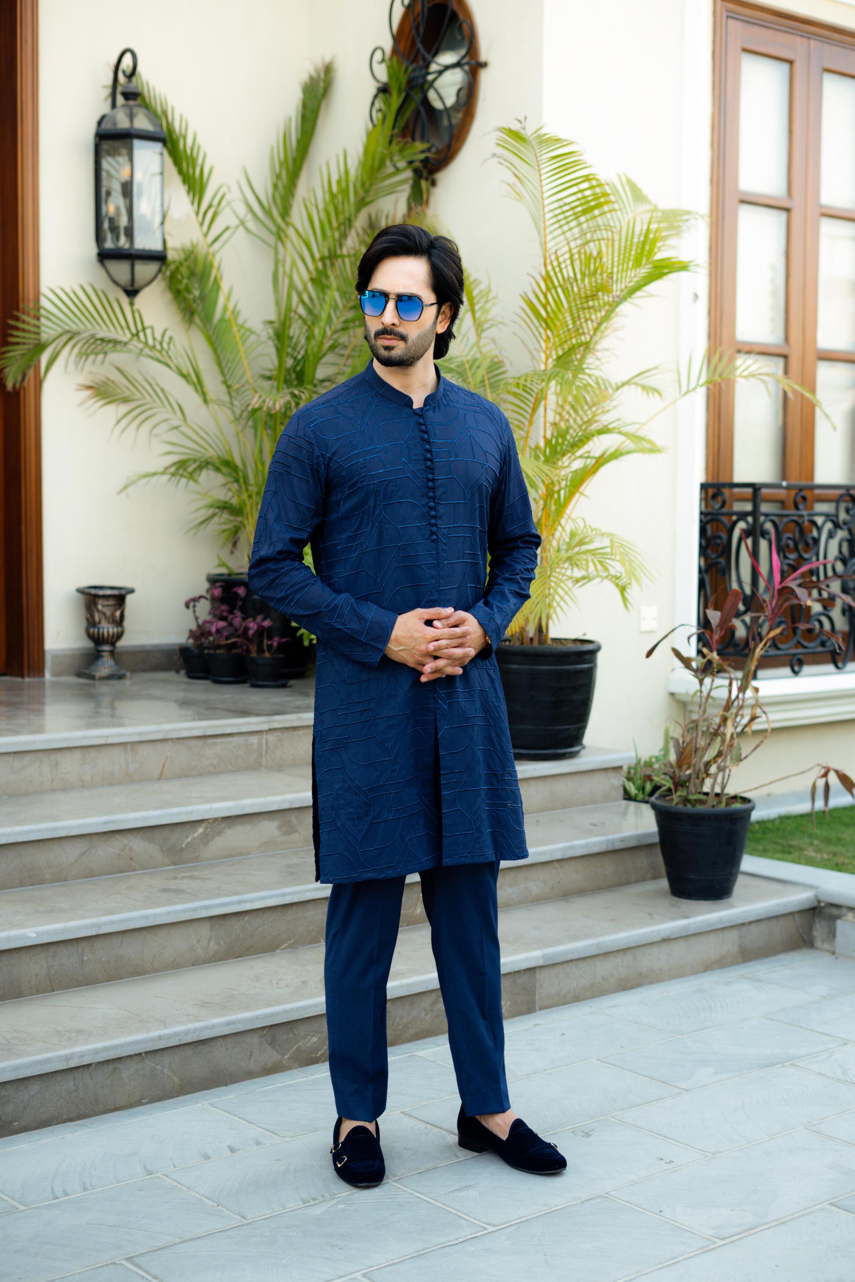 "DAMASK" BLUE KURTA PAJAMA Humayun Alamgir