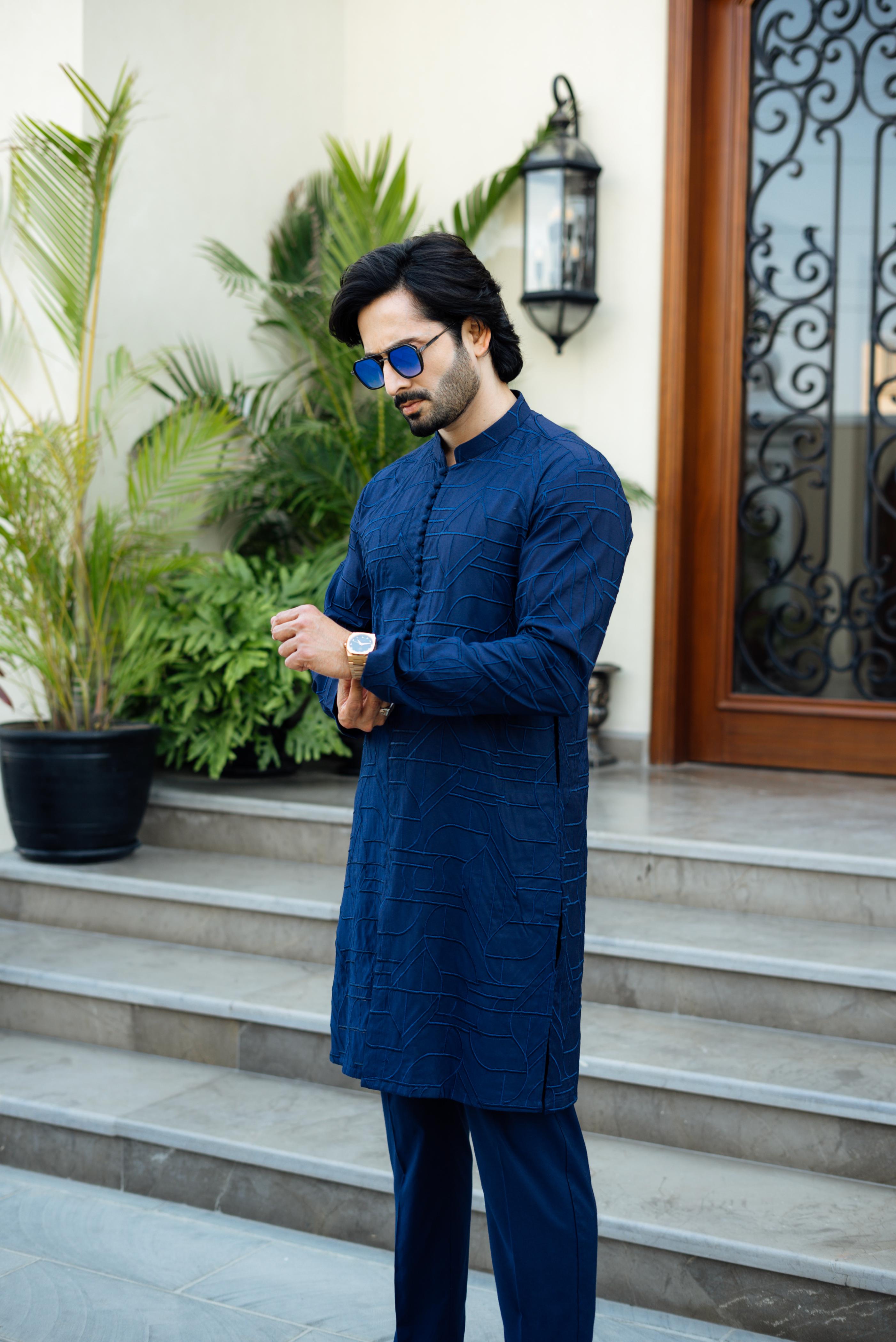 "DAMASK" BLUE KURTA PAJAMA Humayun Alamgir