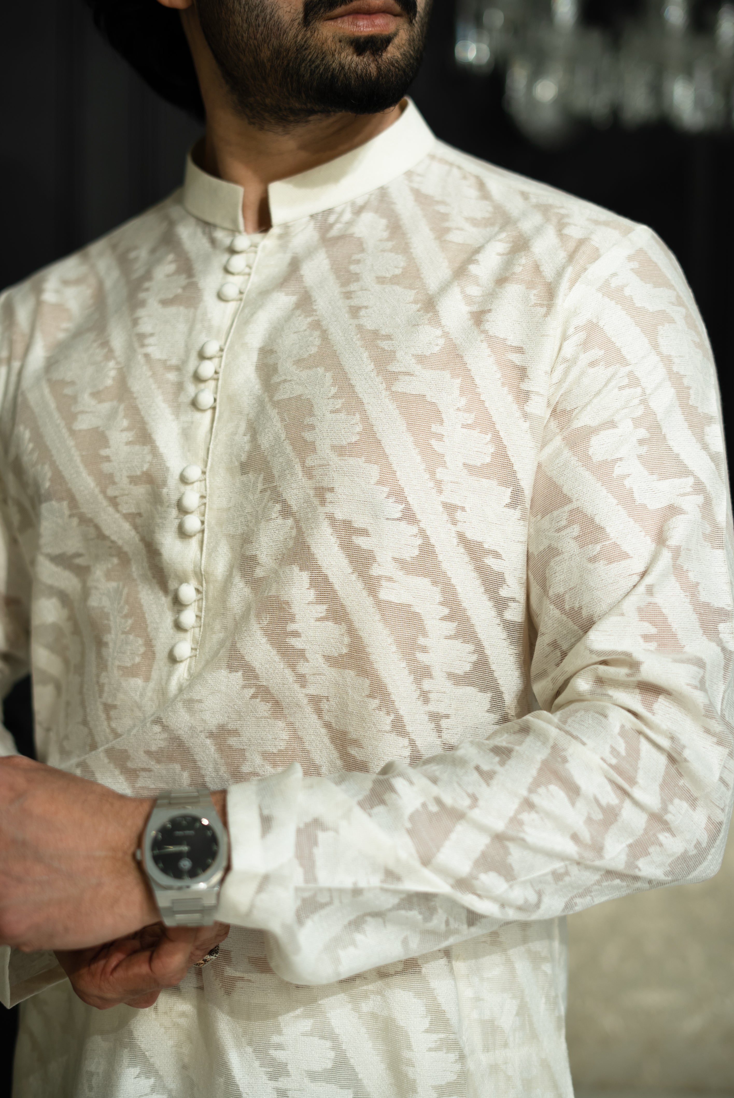 "QAMASH" IVORY KURTA PAJAMA Humayun Alamgir