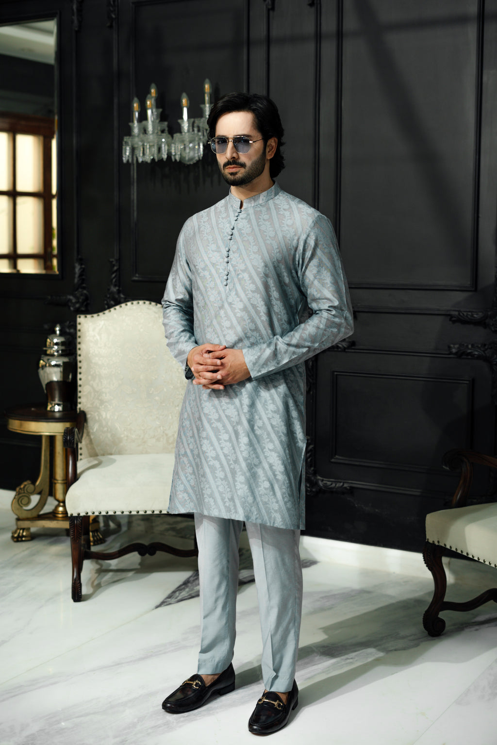"QAMASH" GREY KURTA PAJAMA Humayun Alamgir