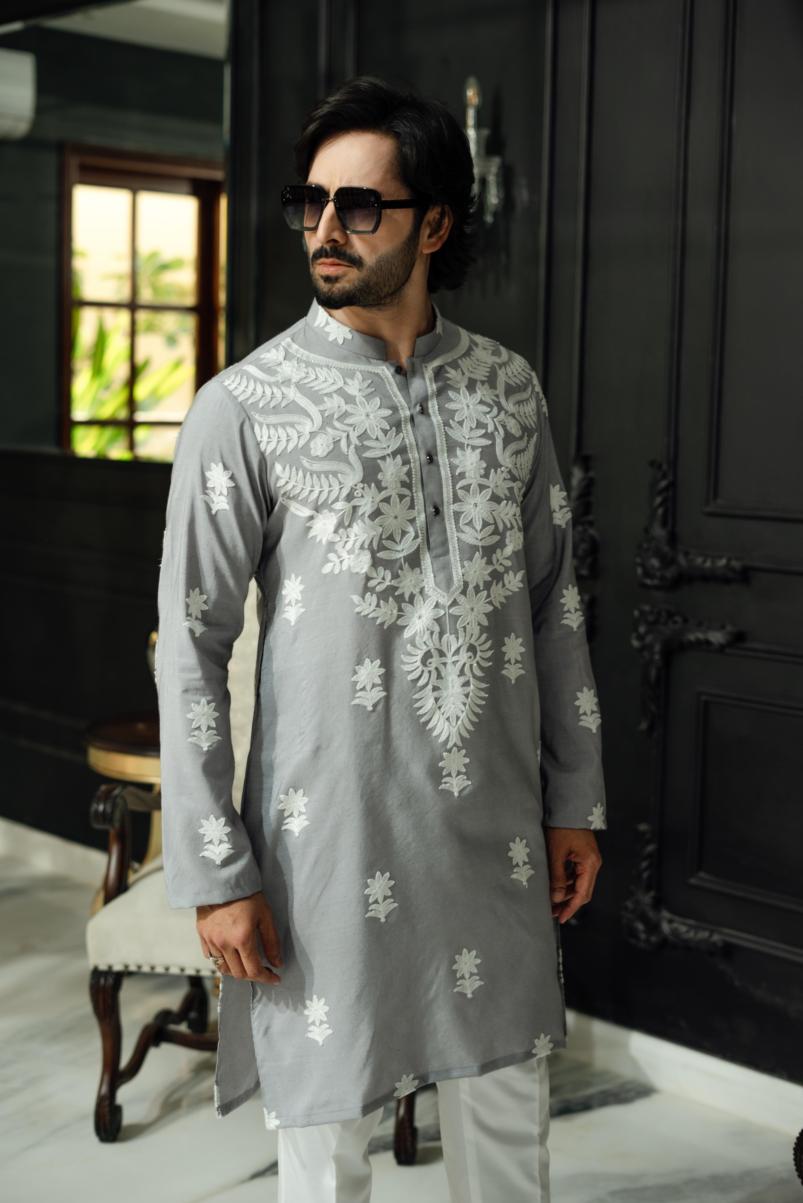 "ADABI" GREY KURTA PAJAMA Humayun Alamgir