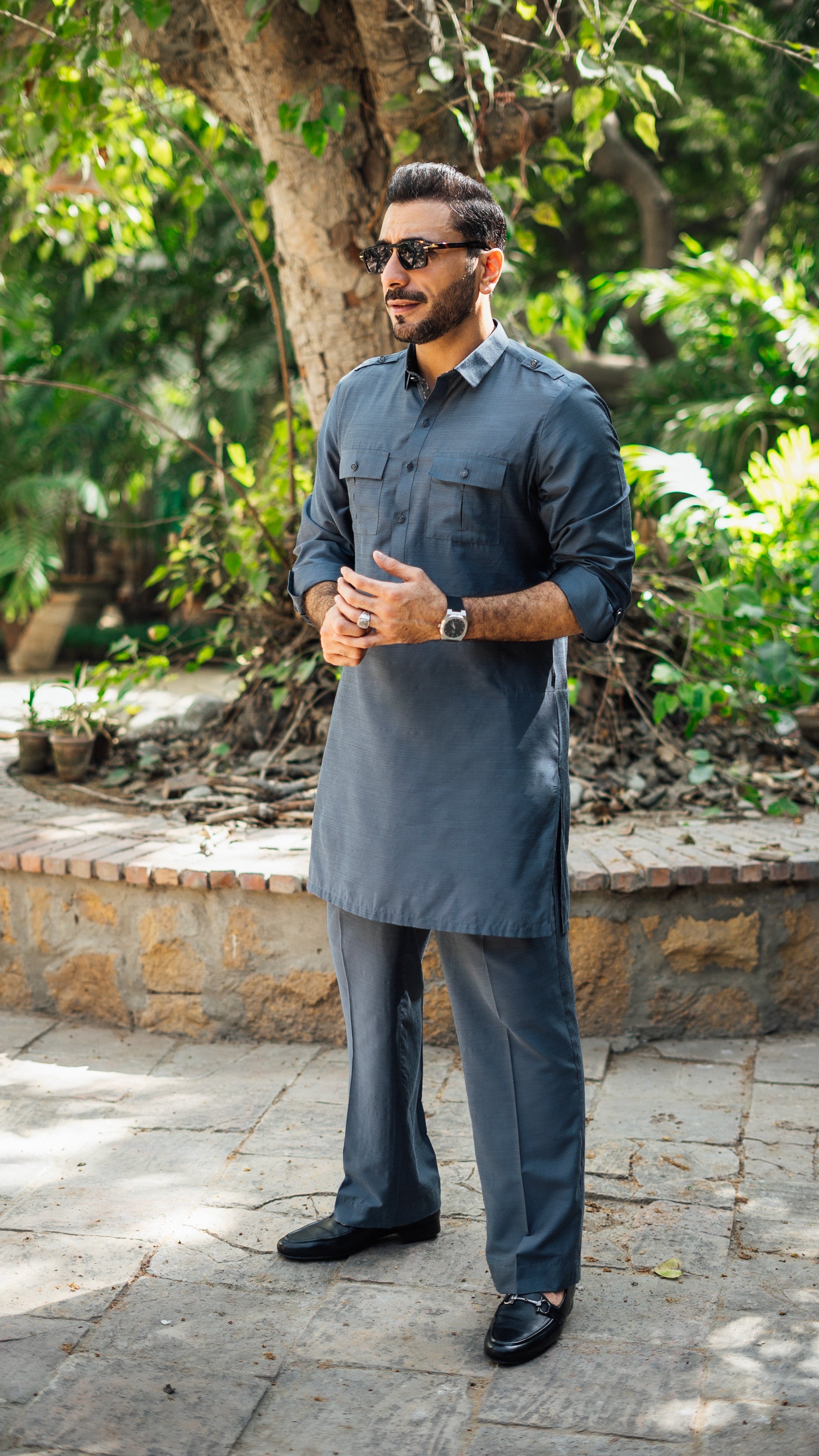 OCEAN GREY COTTON SILK KURTA PAJAMA Humayunalamgir
