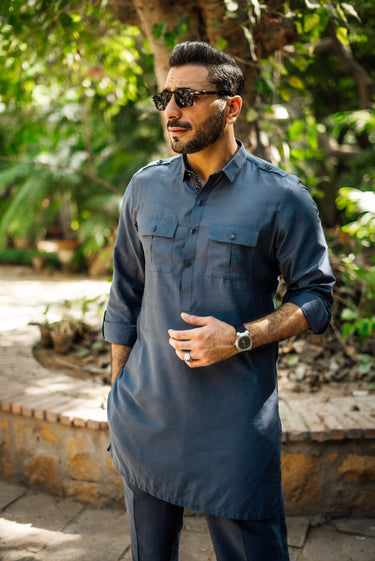 OCEAN GREY COTTON SILK KURTA PAJAMA