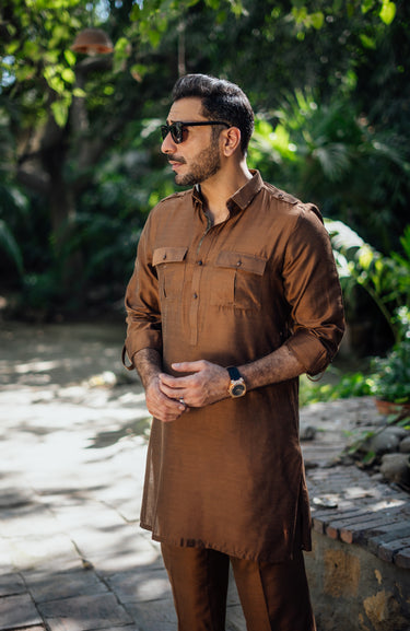 LIGHT BROWN COTTON SILK KURTA PAJAMA Humayunalamgir