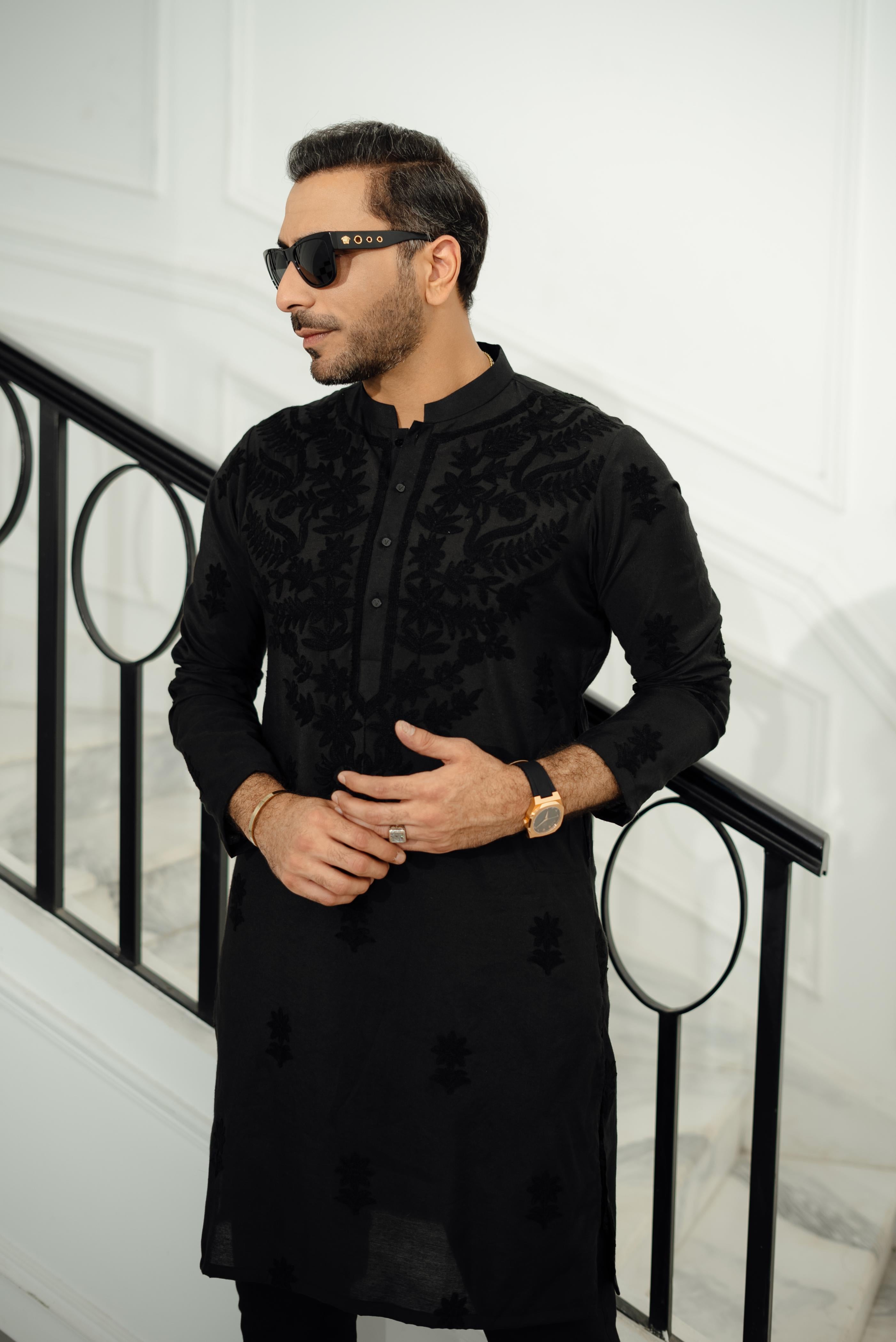 "ADABI" BLACK KURTA PAJAMA Humayun Alamgir