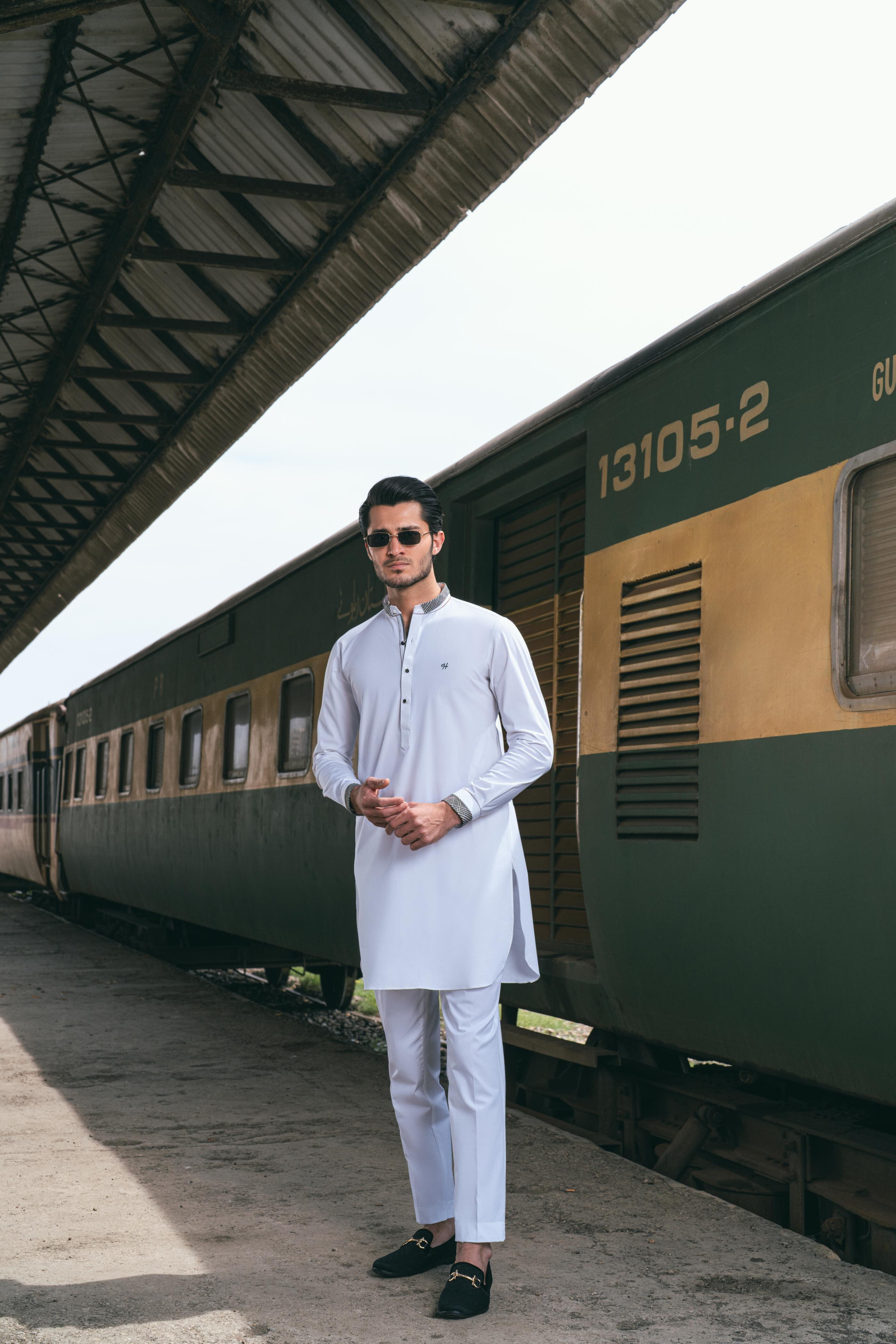 White stretchable Kurta Pajama Humayun Alamgir