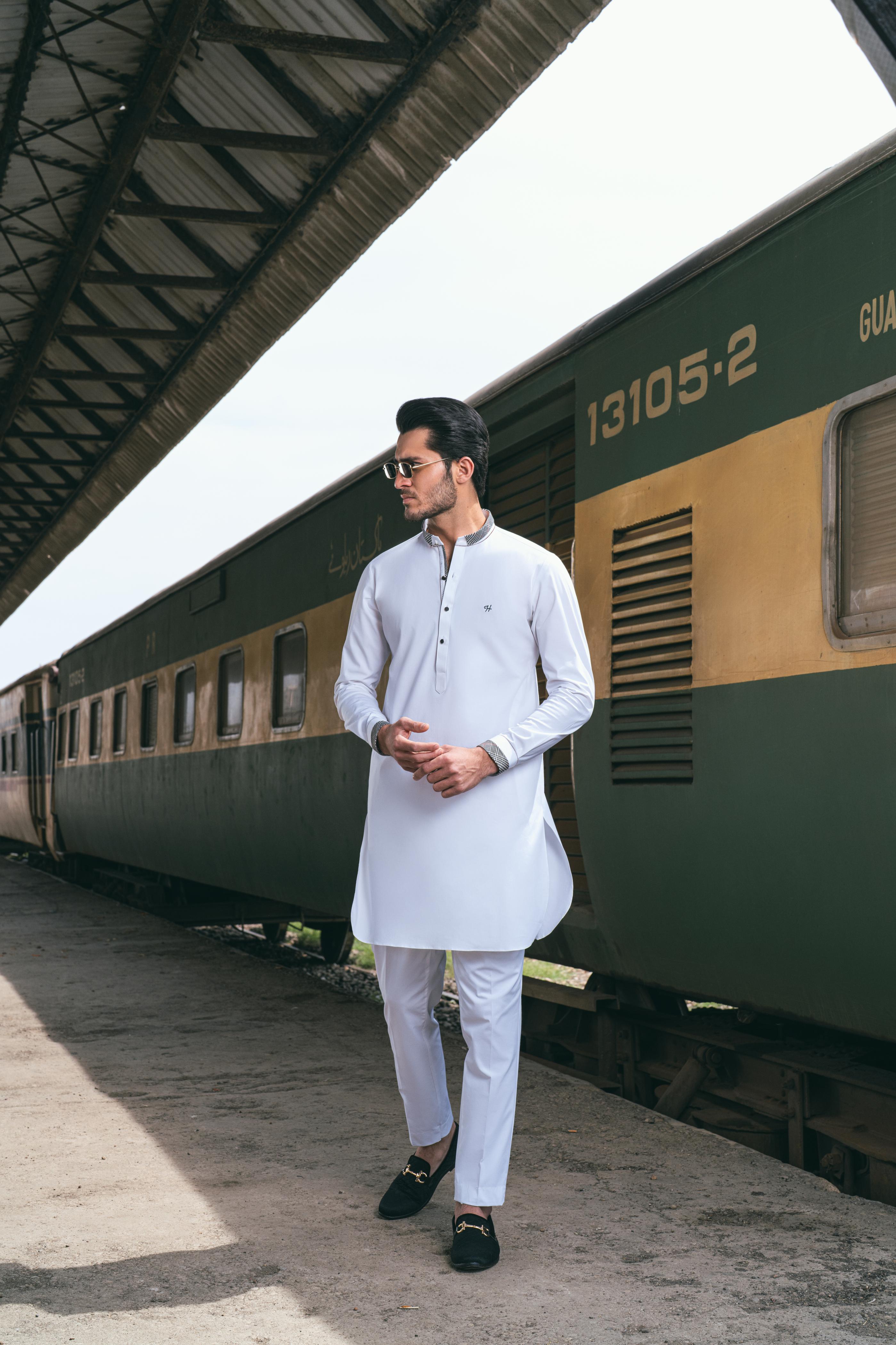 White stretchable Kurta Pajama Humayun Alamgir
