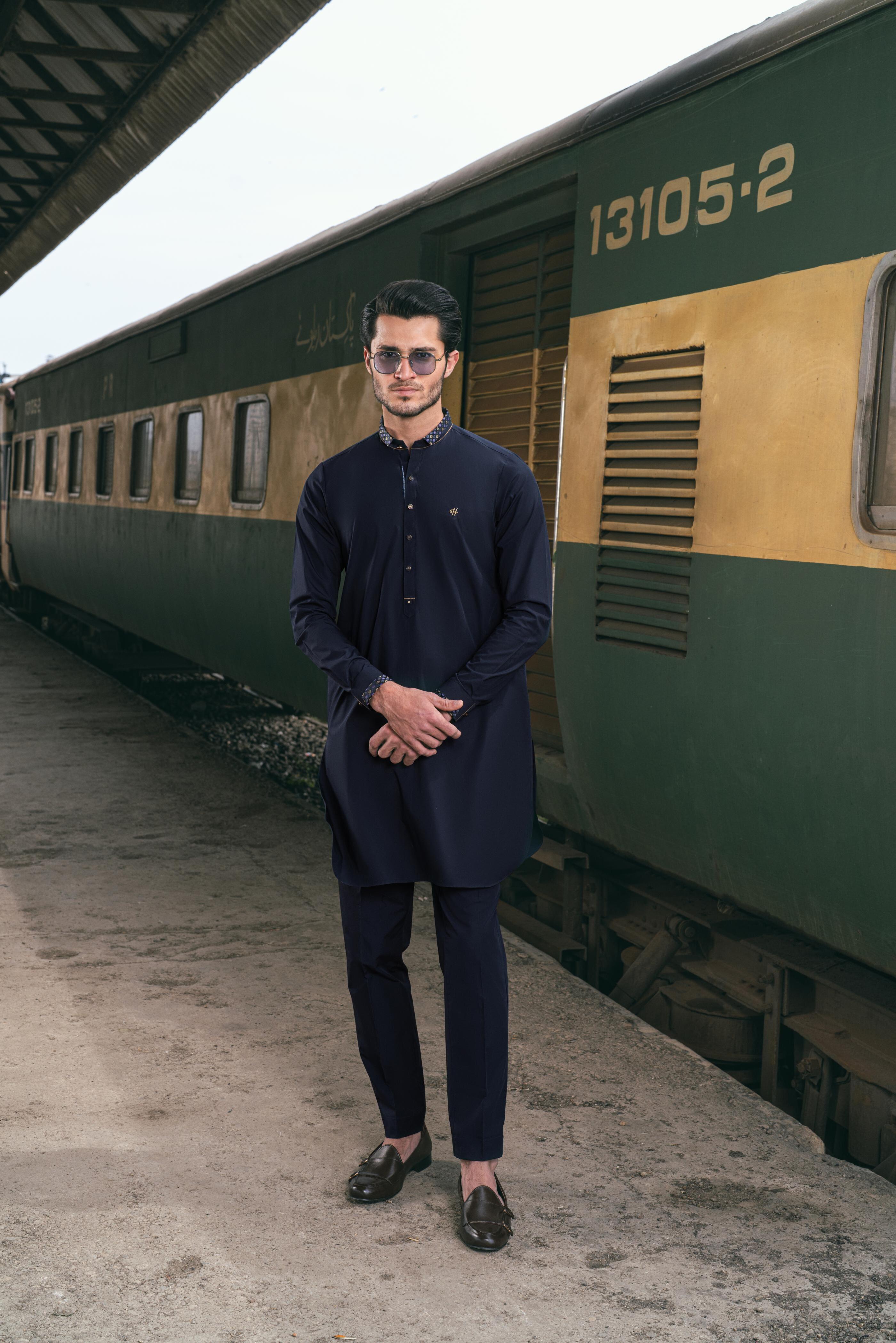 Navy blue Stretchable kurta pajama Humayun Alamgir