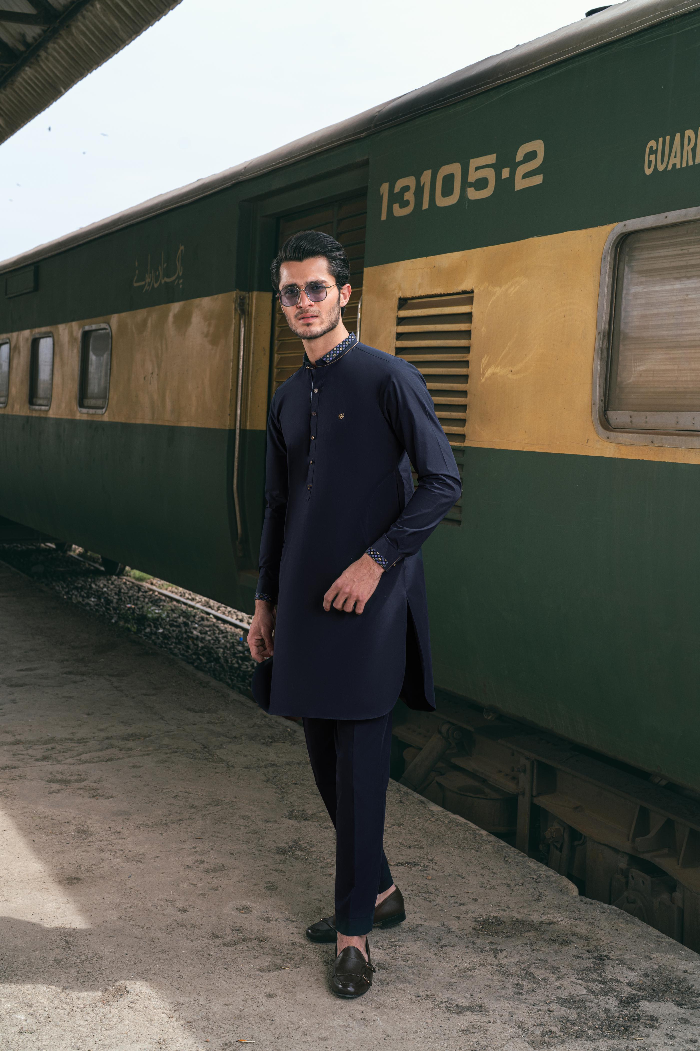Navy blue Stretchable kurta pajama Humayun Alamgir