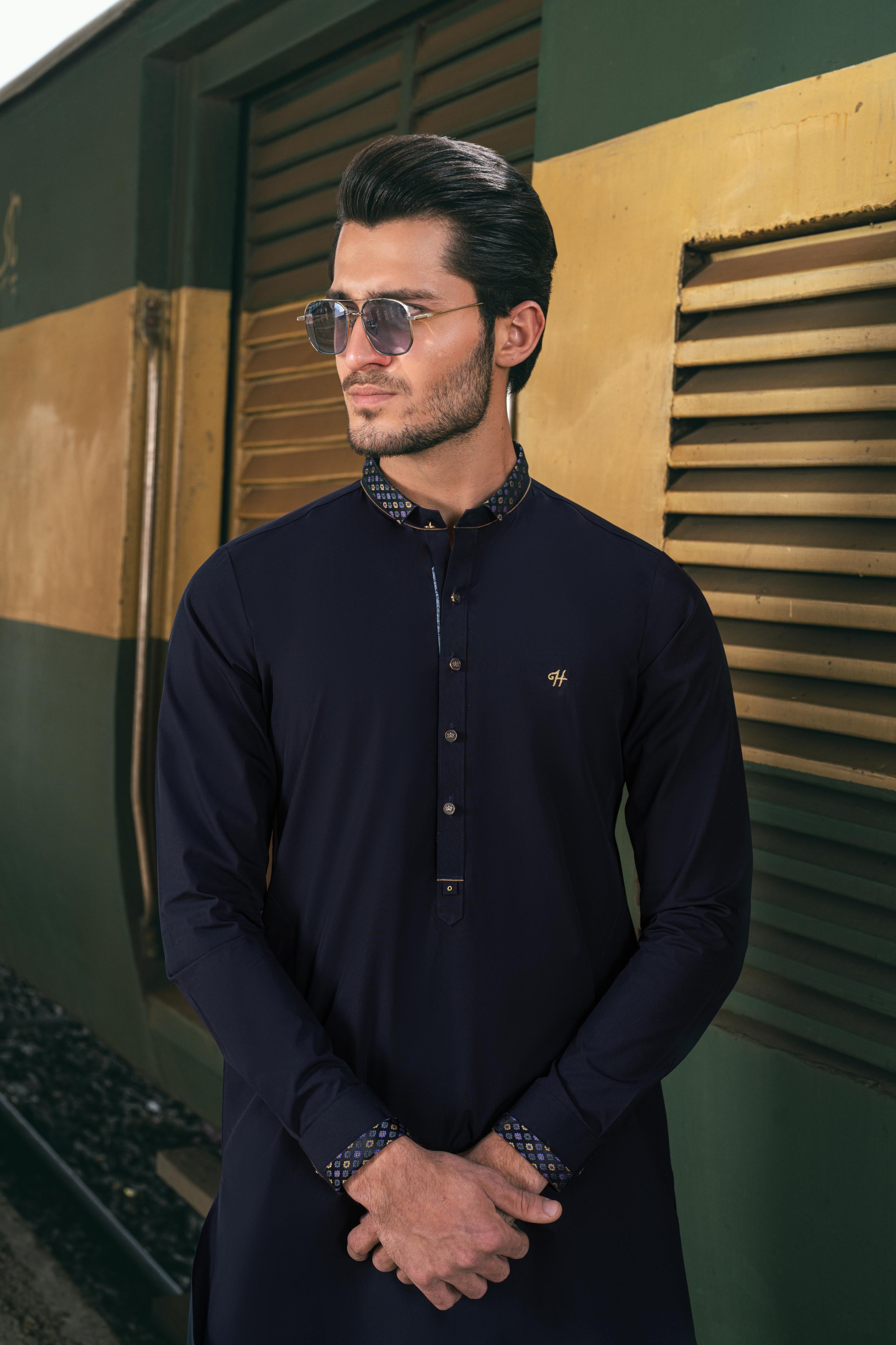 Navy blue Stretchable kurta pajama Humayun Alamgir