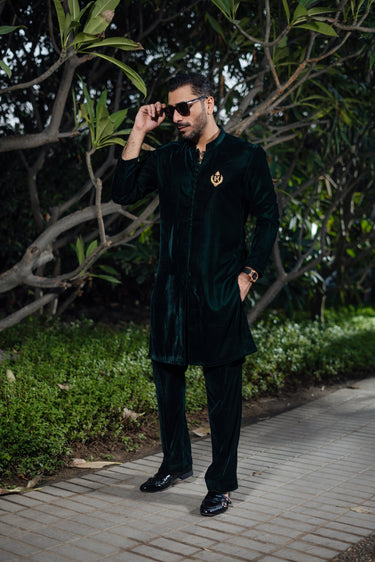 GREEN VELVET FRONT OPEN KURTA PAJAMA