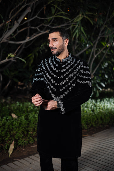 BLACK & SILVER VELVET KURTA PAJAMA Humayunalamgir