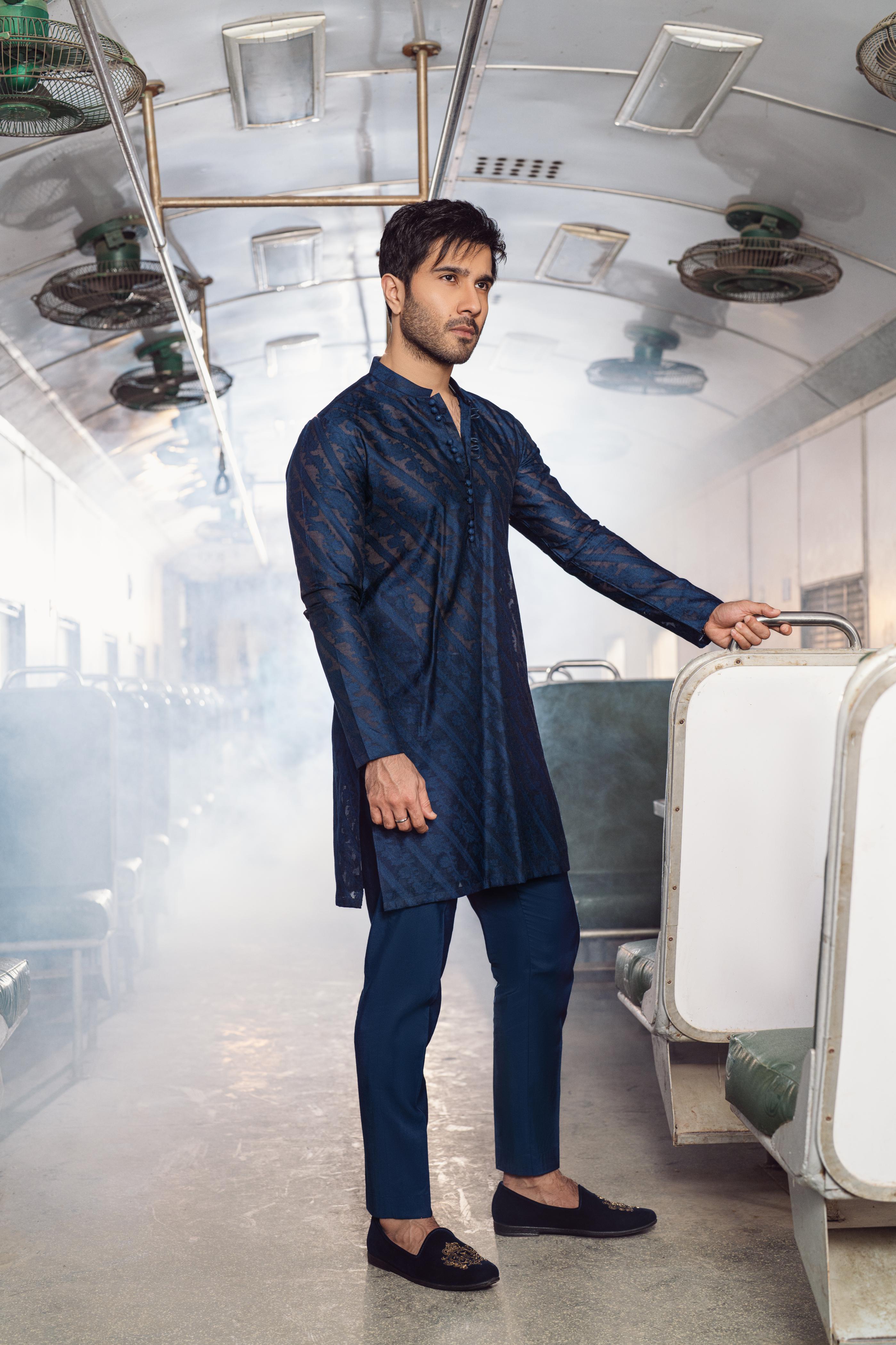 "QAMASH" BLUE KURTA PAJAMA Humayun Alamgir