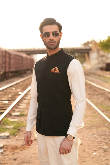 BLACK ARMANI PATCH POCKET WAIST COAT Humayunalamgir