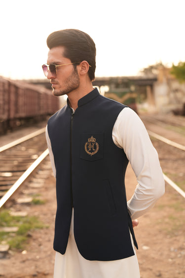 NAVY BLUE ZIPPER WAIST COAT Humayunalamgir