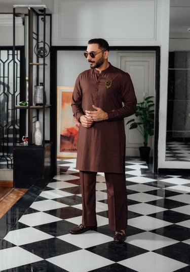 BROWN TEXTURE WASH N WEAR KURTA PAJAMA