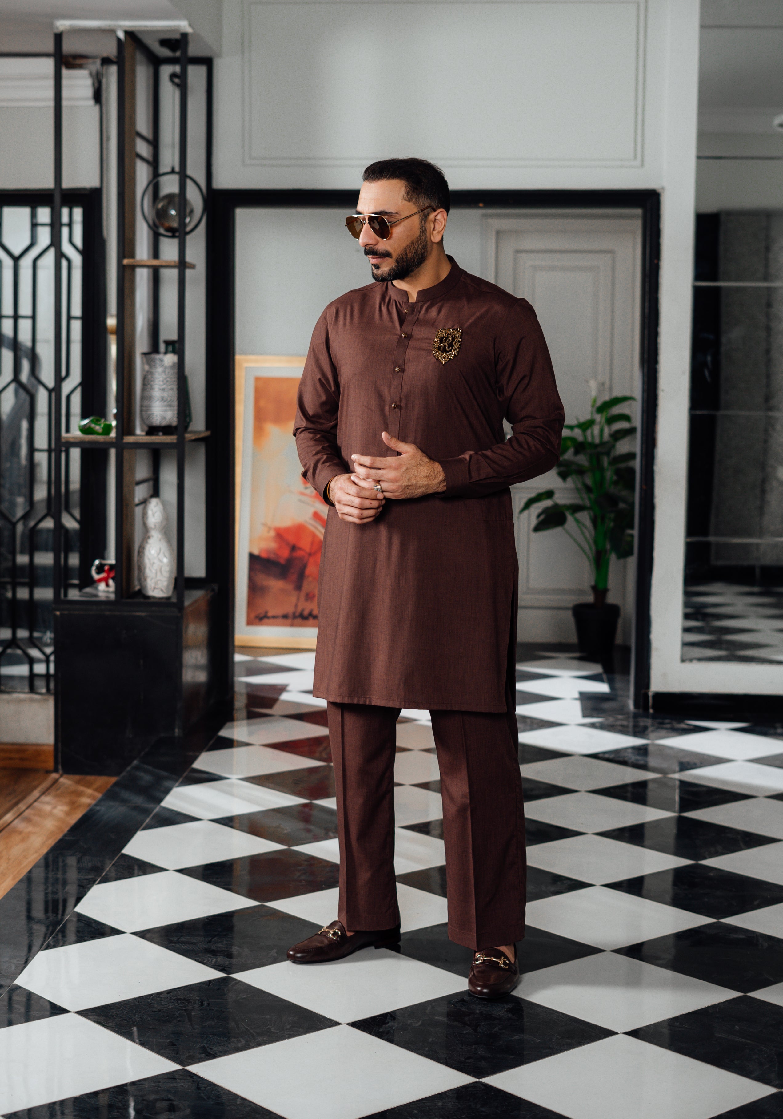 BROWN TEXTURE WASH N WEAR KURTA PAJAMA Humayunalamgir