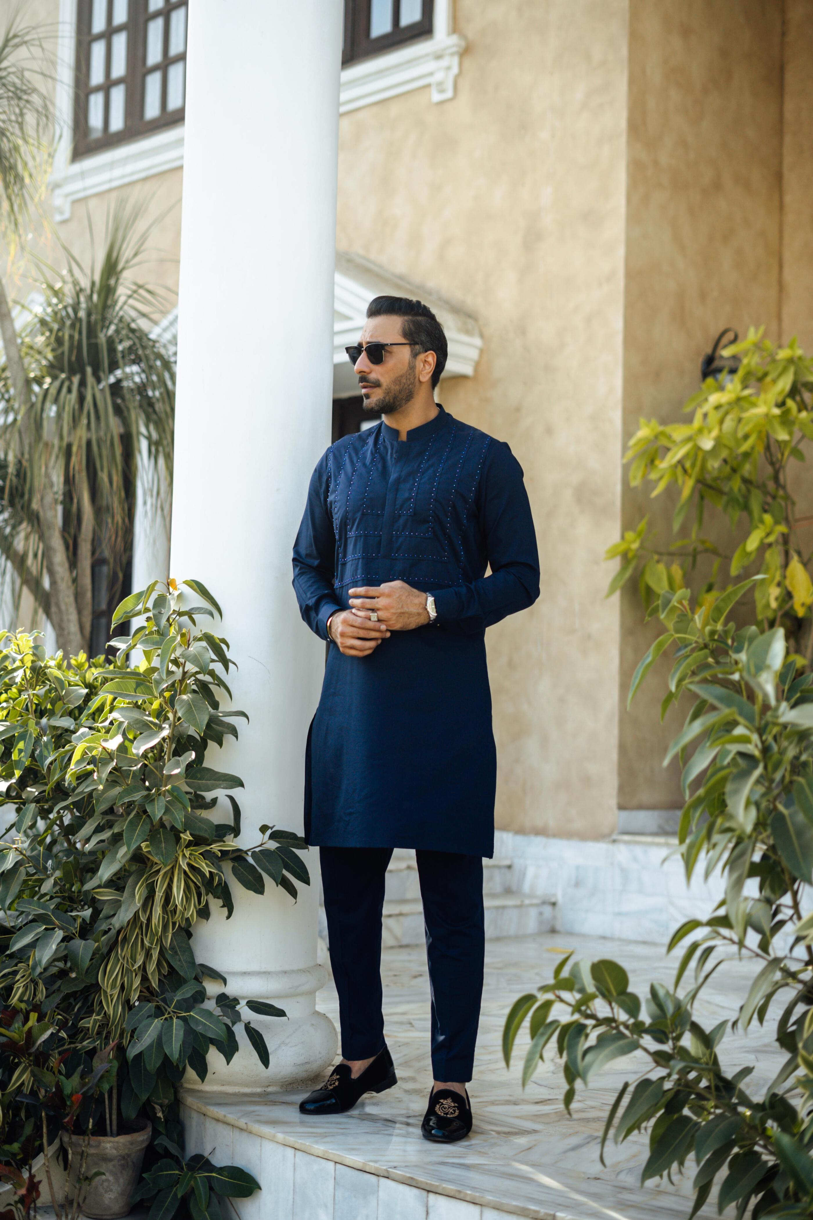 Blue cotton Beads bosky kurta pajama Humayun Alamgir
