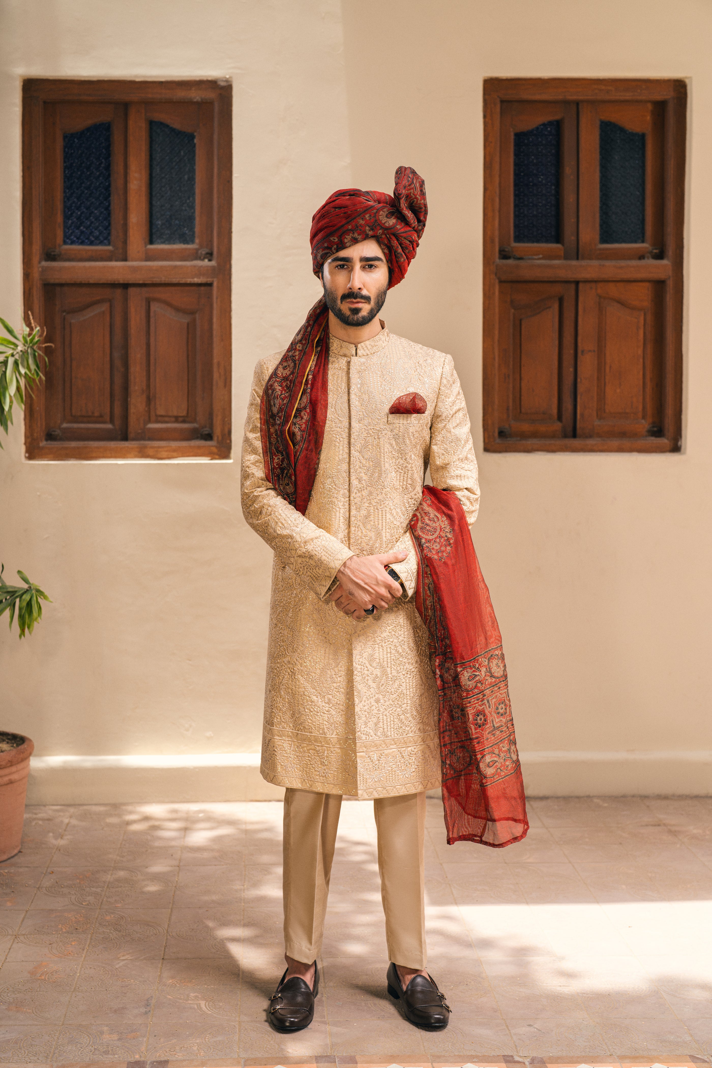 Beige embroidered Sherwani with Turban humyaunalamgir S