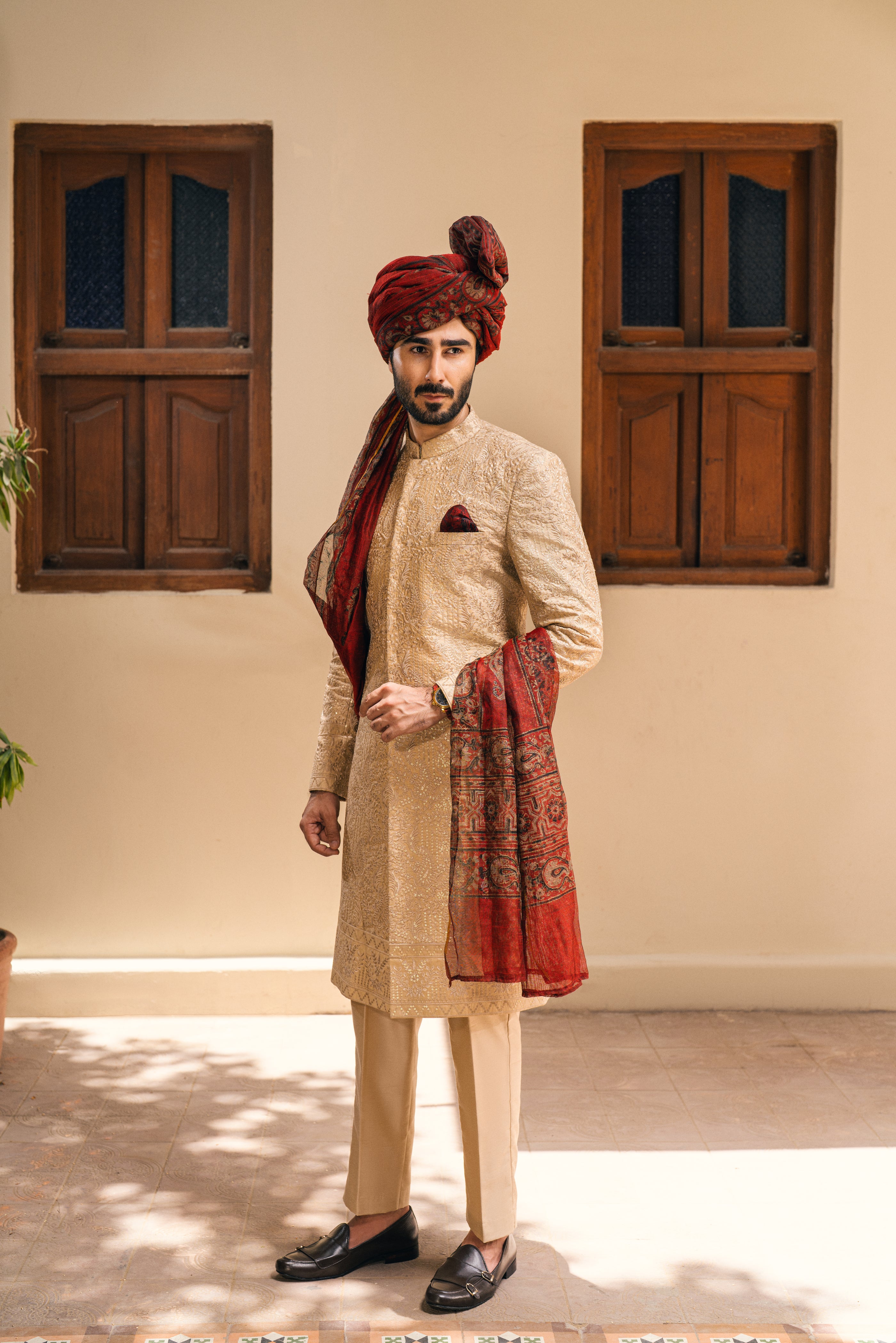 Beige embroidered Sherwani with Turban humyaunalamgir