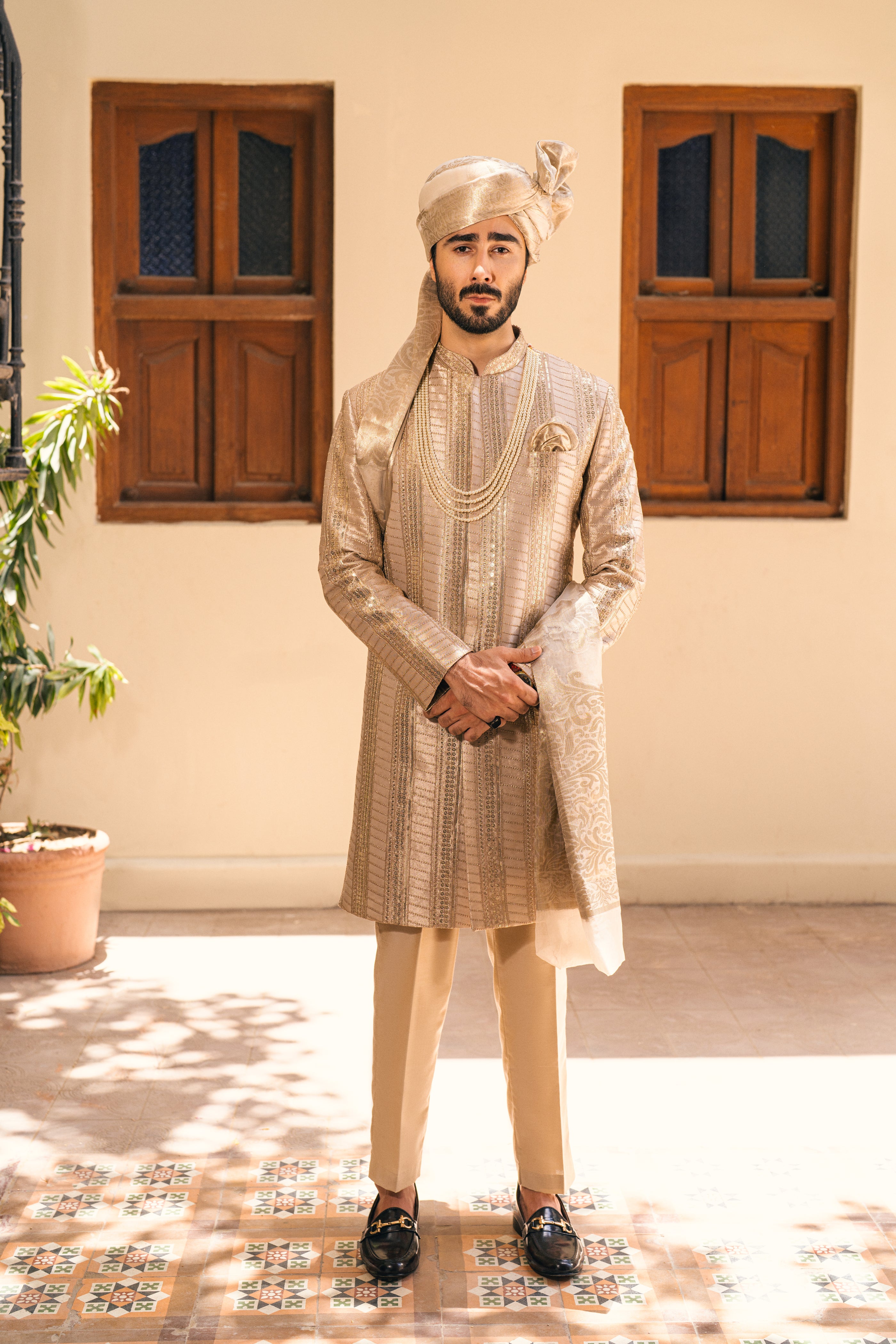 Beige Sherwani with Self Embroidery, humyaunalamgir