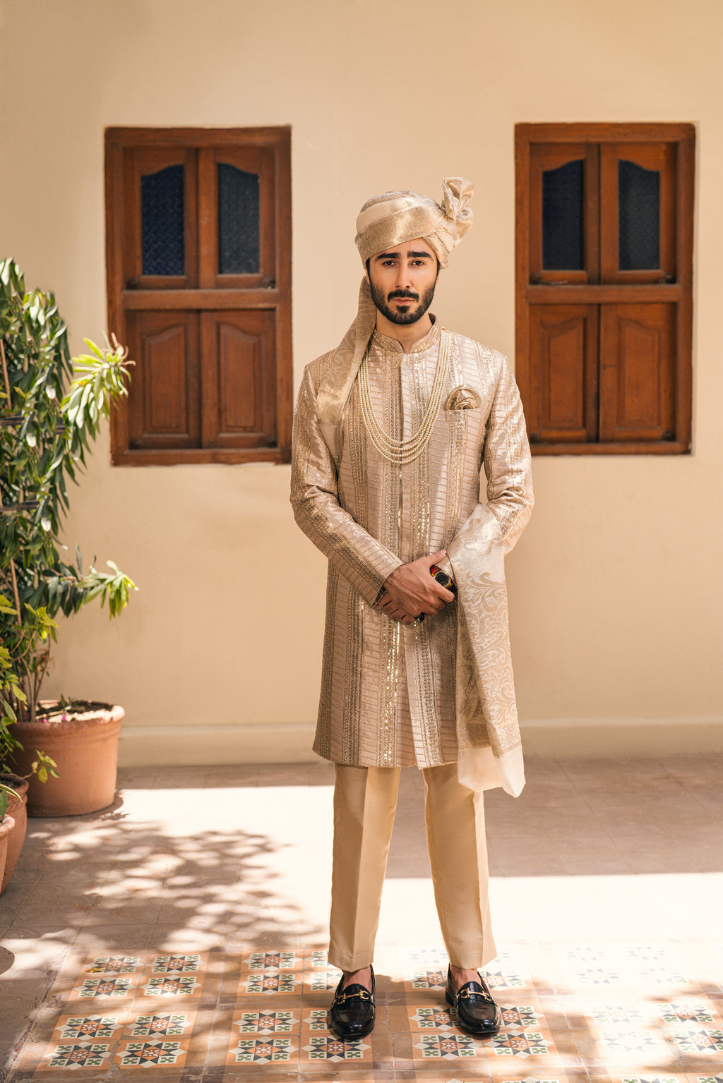 Beige Sherwani with Self Embroidery, humyaunalamgir S