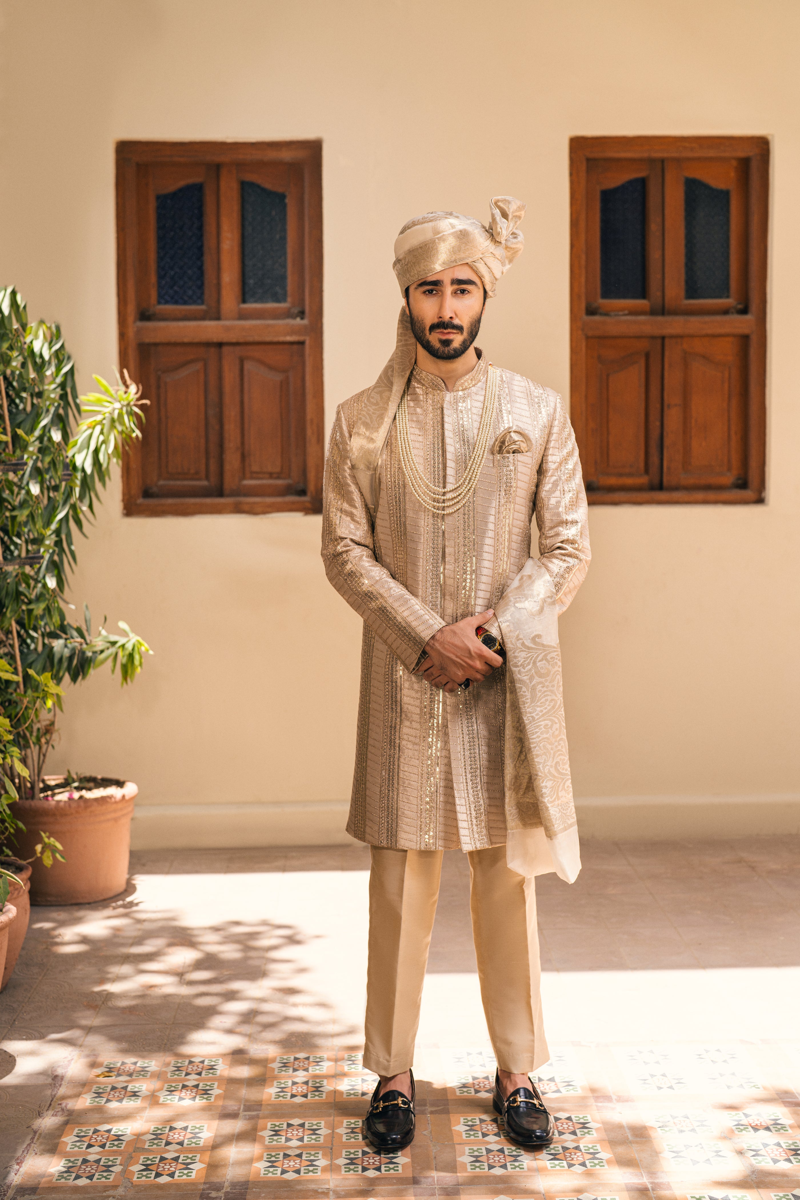 Beige Sherwani with Self Embroidery, humyaunalamgir S