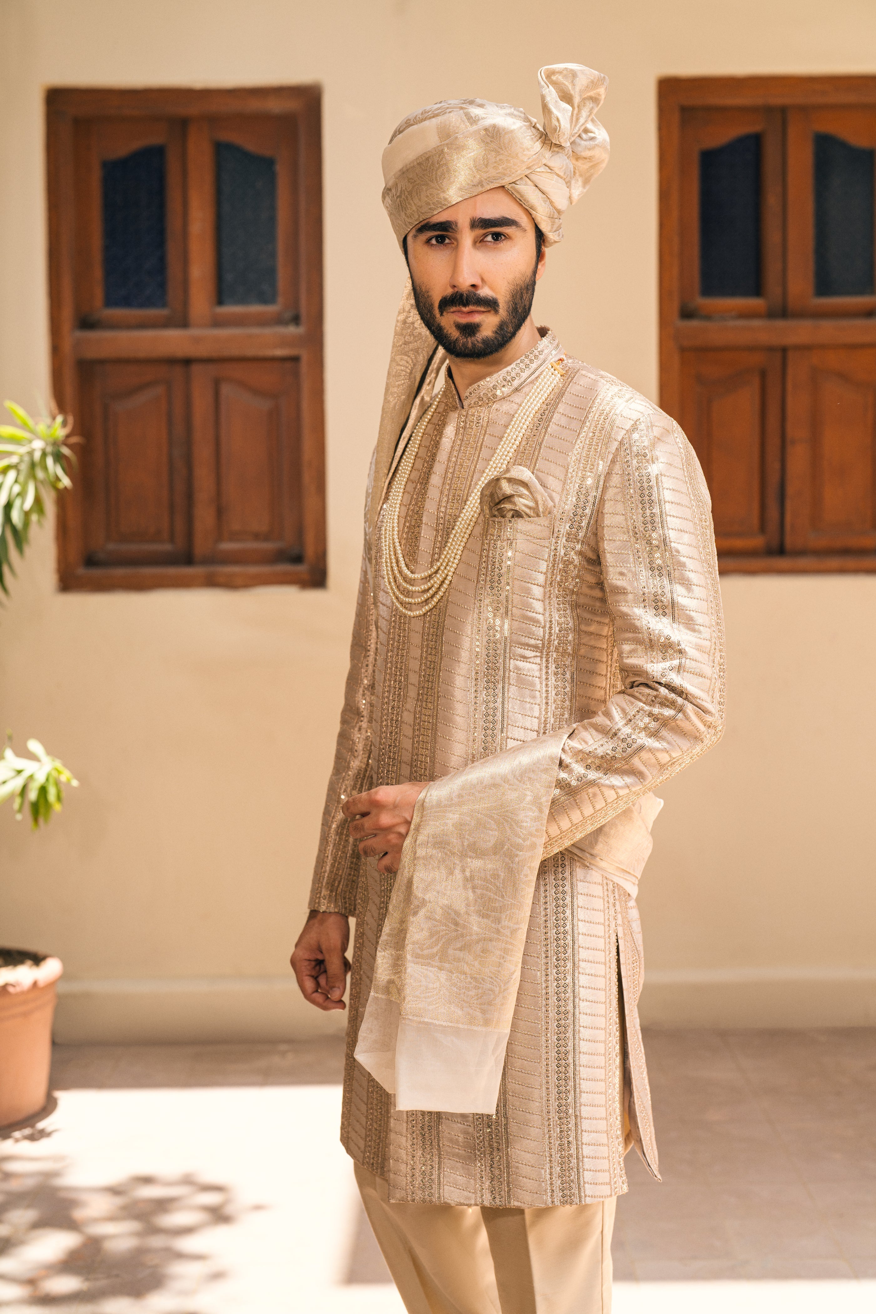 Beige Sherwani with Self Embroidery, humyaunalamgir