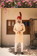 Beige Embroidery Sherwani with Turban humyaunalamgir S
