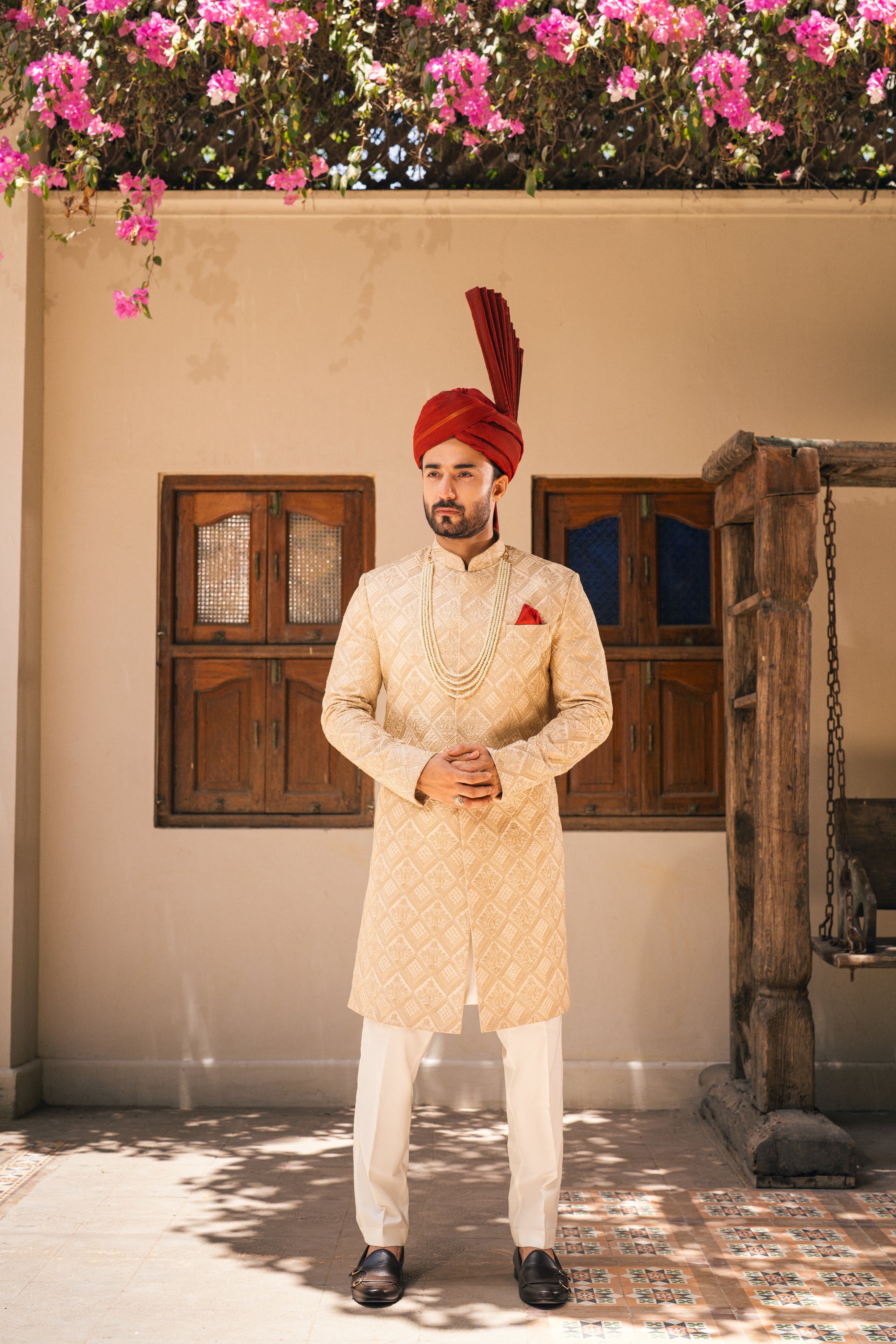 Beige Embroidery Sherwani with Turban humyaunalamgir S