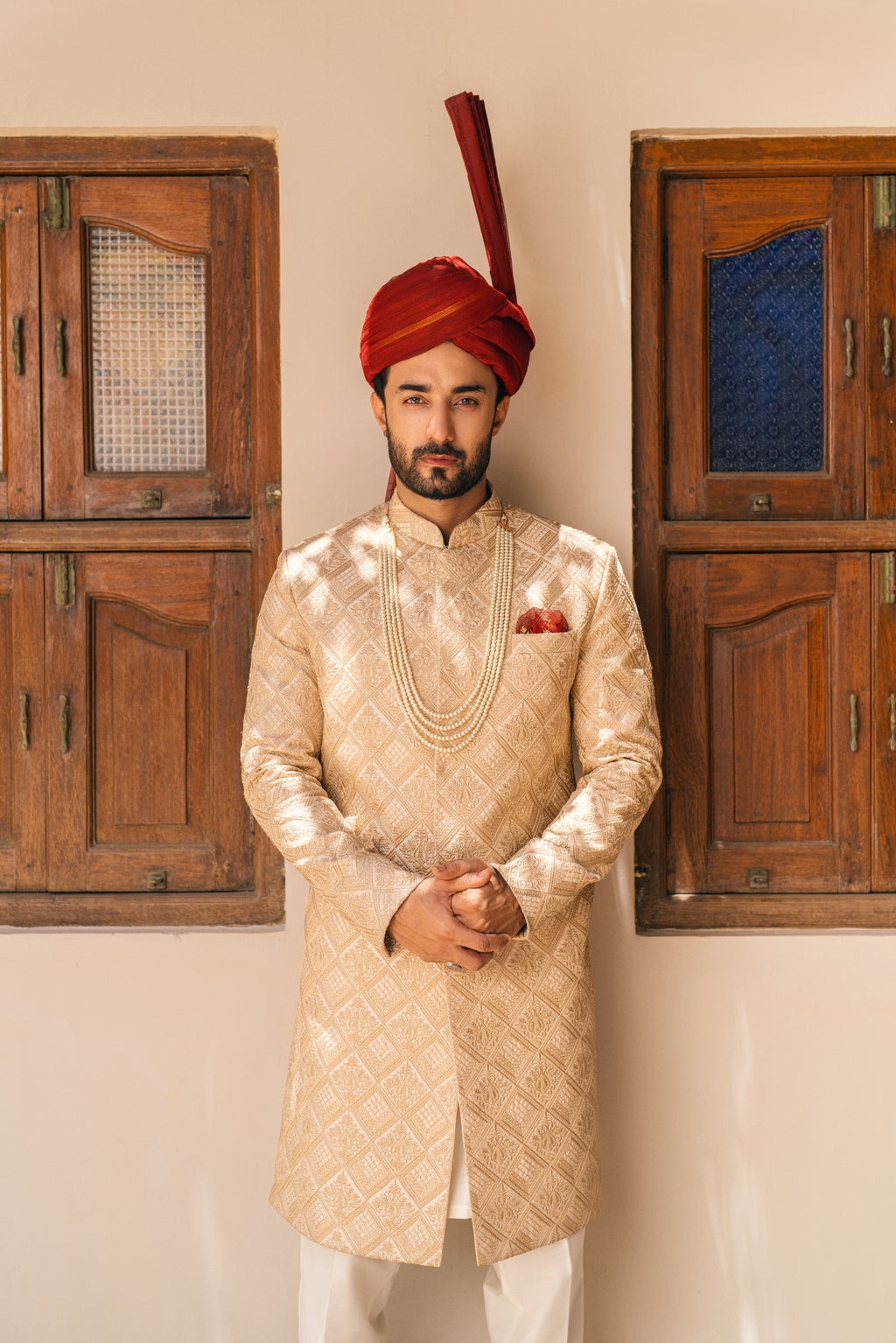 Beige Embroidery Sherwani with Turban humyaunalamgir