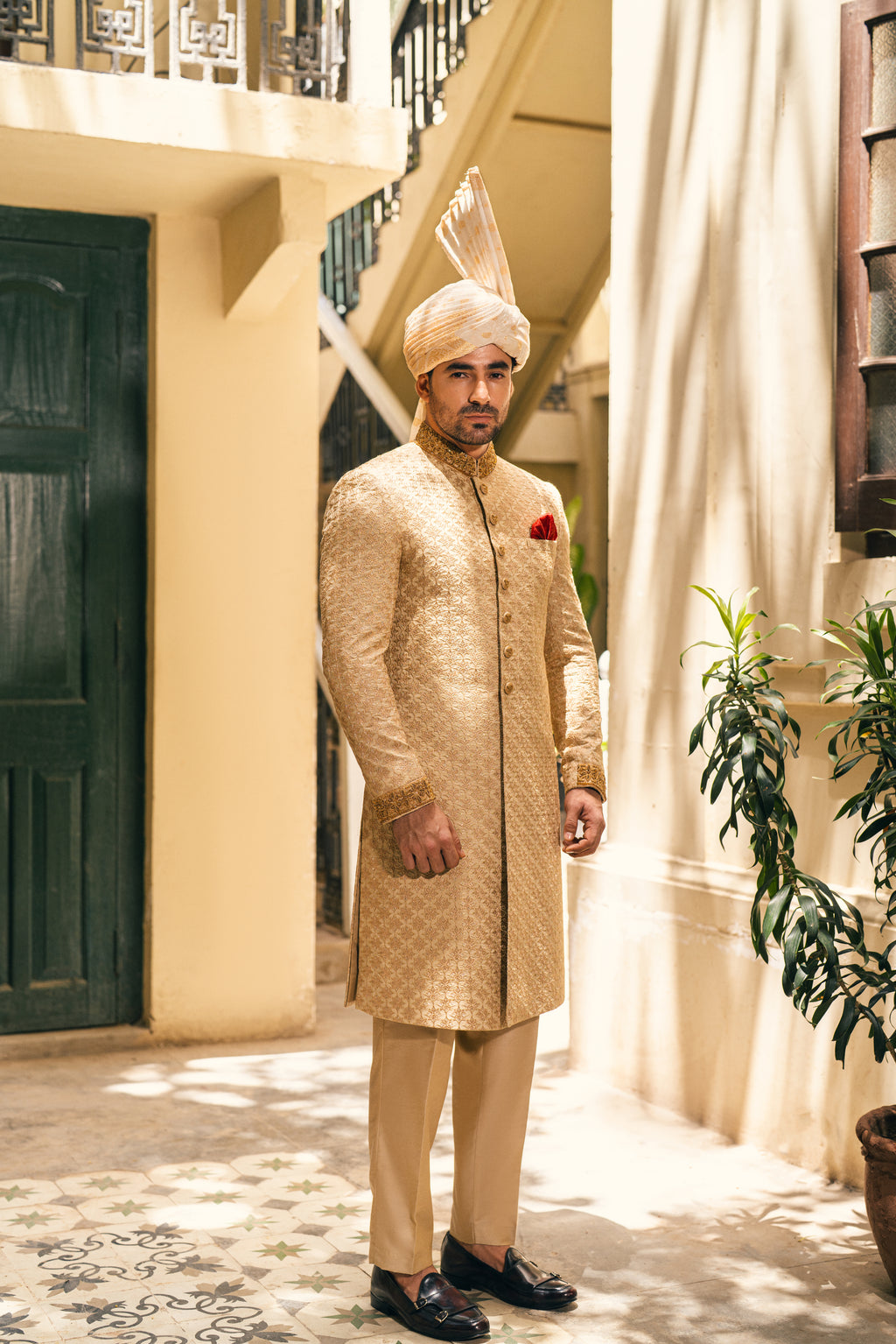 Beige Sherwani Set with Star Embroi humyaunalamgir S