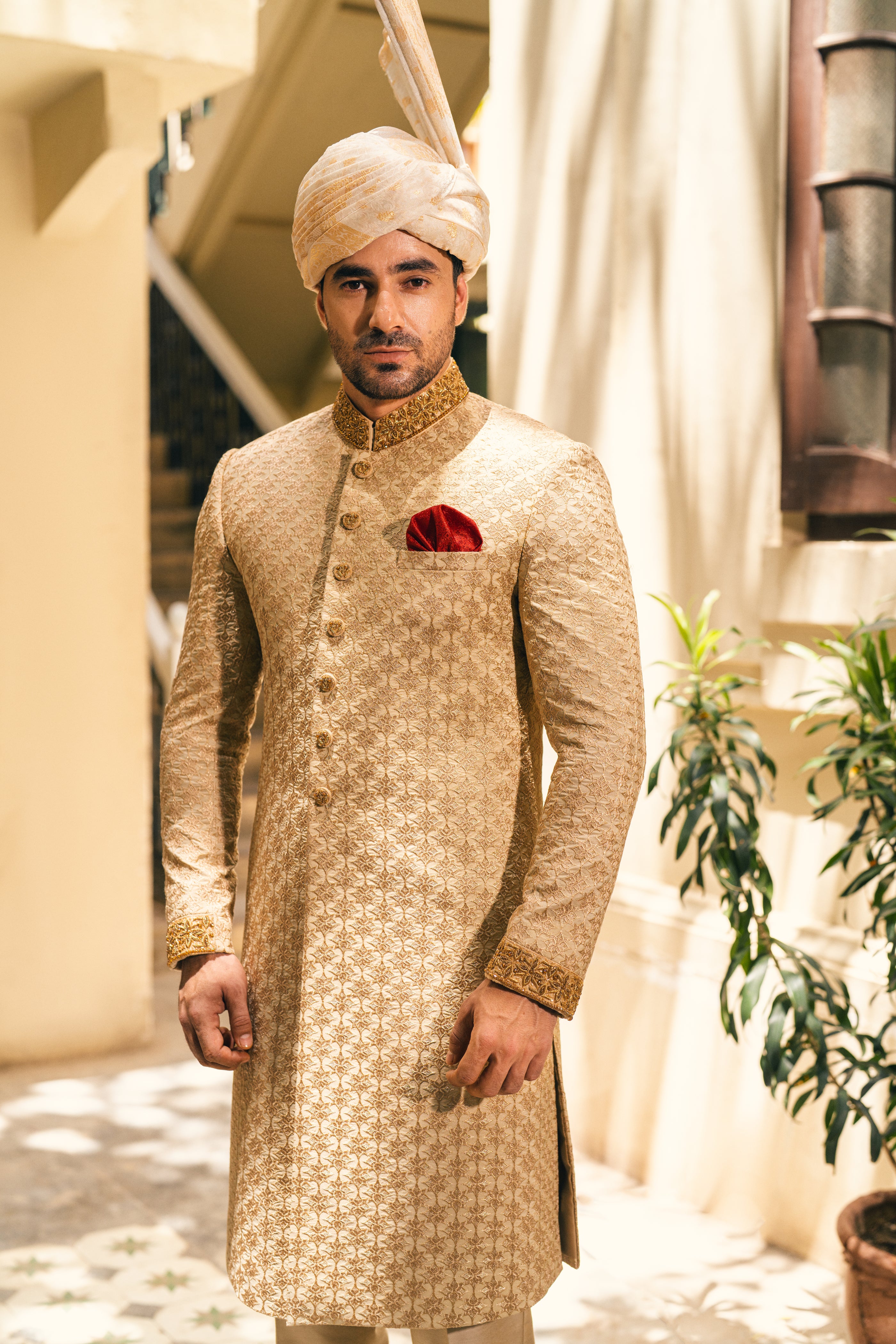Beige Sherwani Set with Star Embroi humyaunalamgir