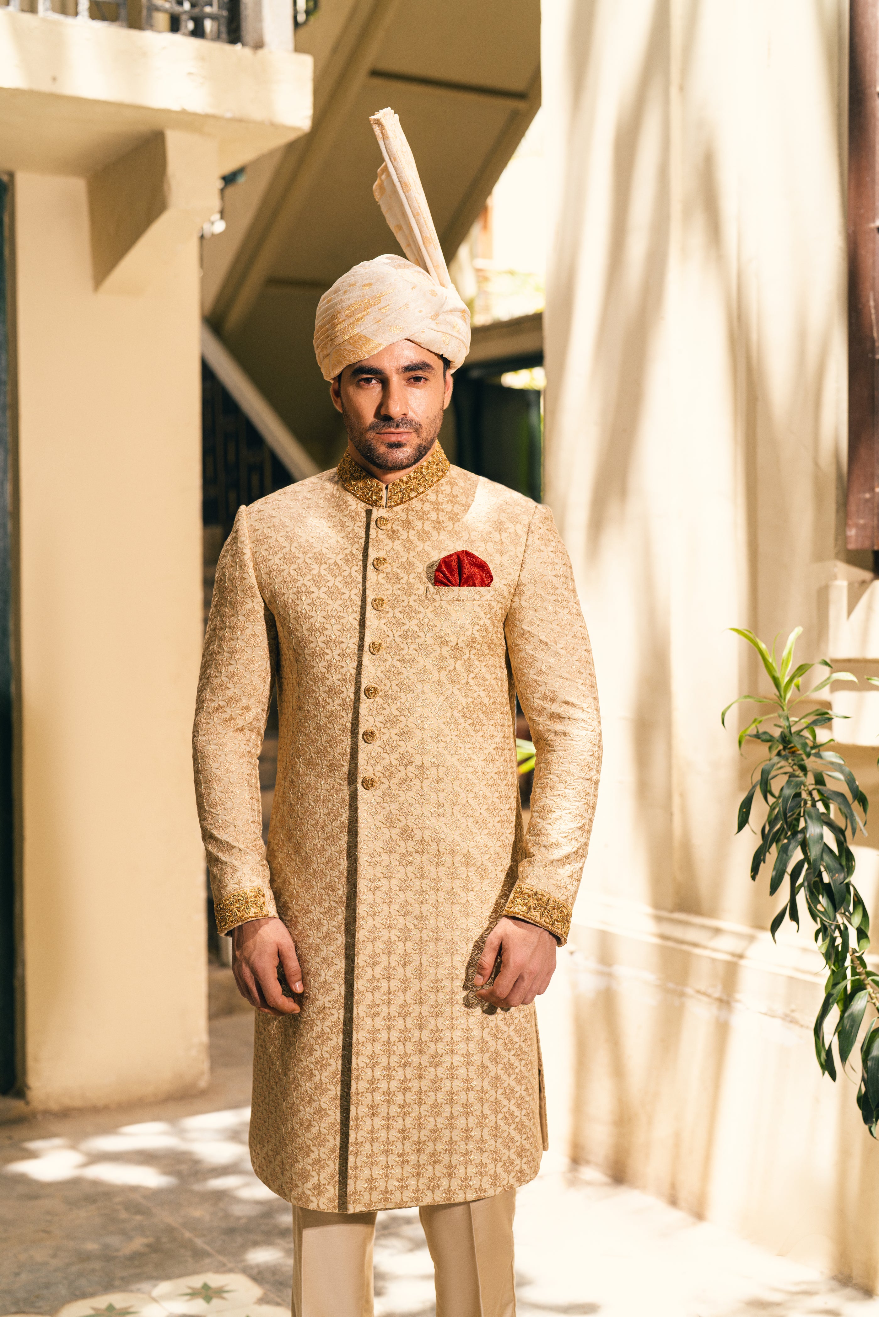 Beige Sherwani Set with Star Embroi humyaunalamgir