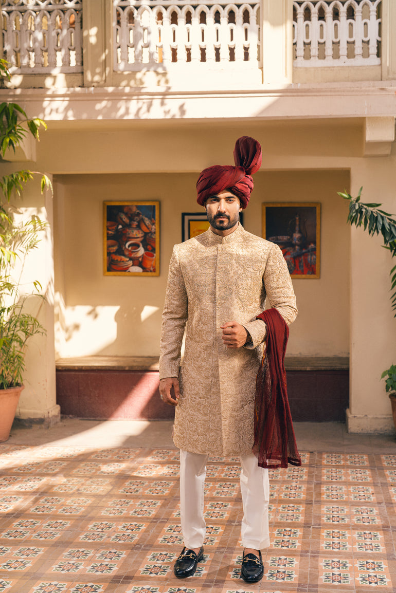Traditional Embroidered Beige Sherwani