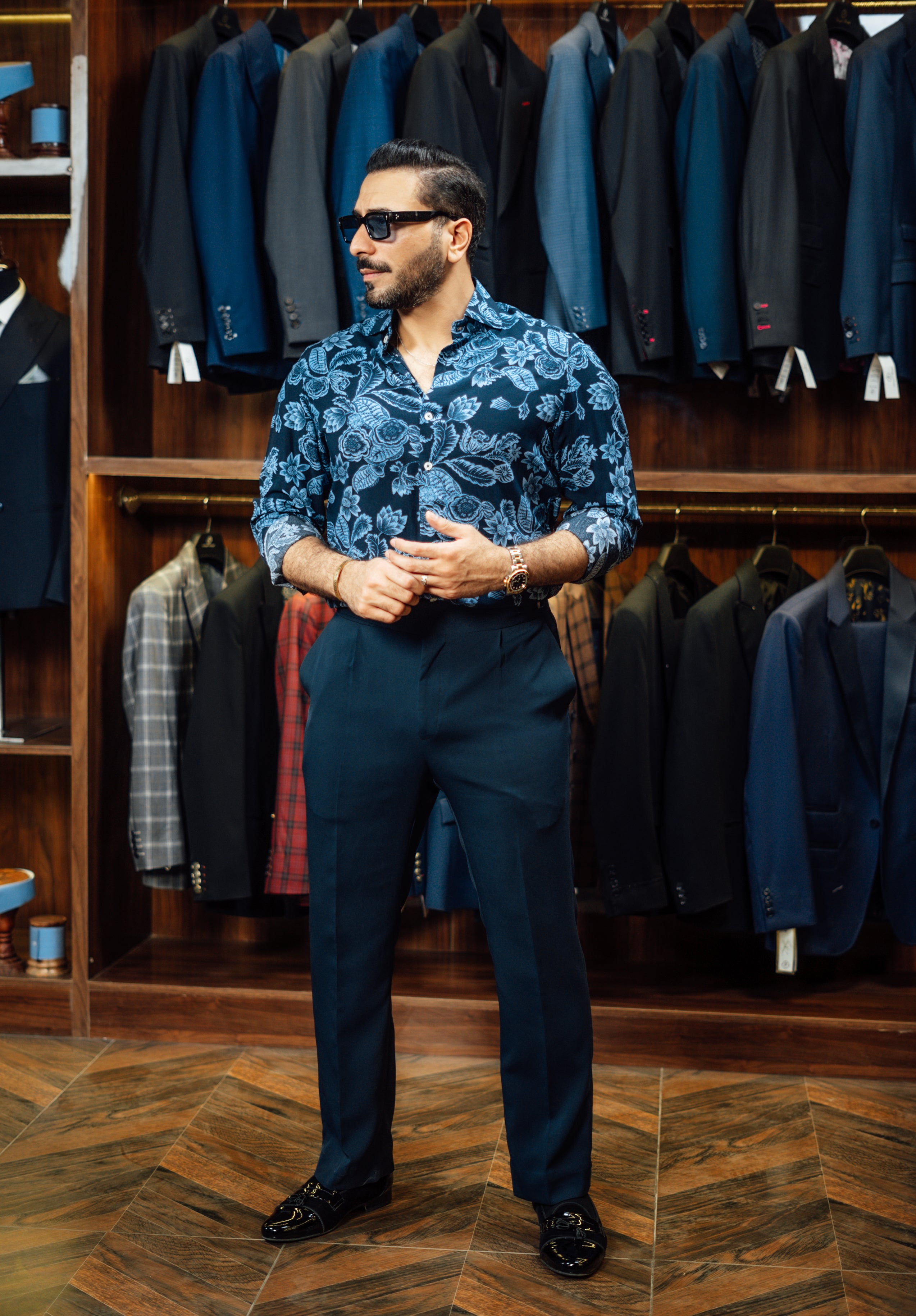 NAVY BLUE LINEN FLORAL SHIRT Humayunalamgir