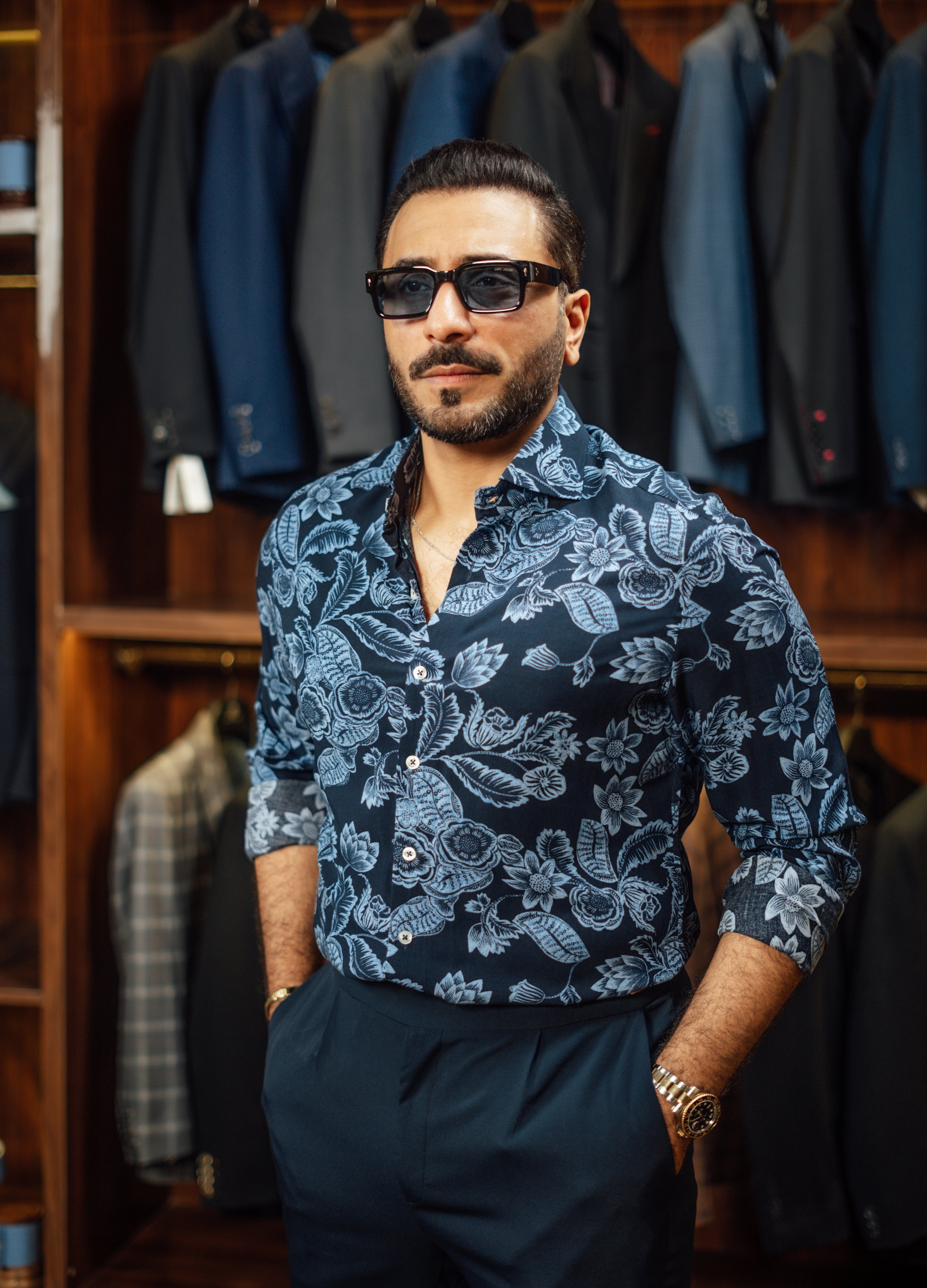 NAVY BLUE LINEN FLORAL SHIRT Humayunalamgir