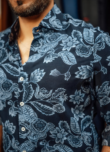NAVY BLUE LINEN FLORAL SHIRT Humayunalamgir