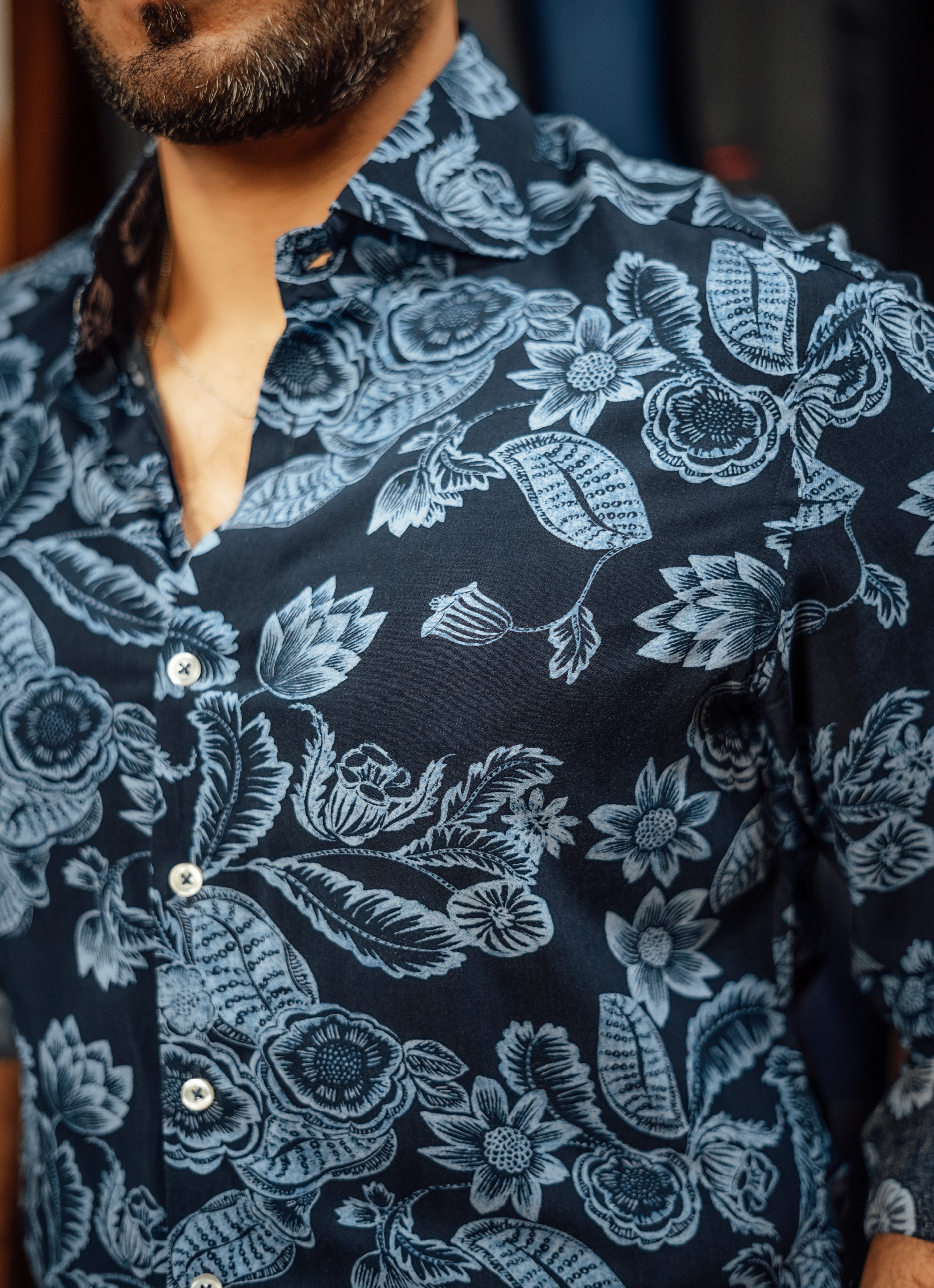 NAVY BLUE LINEN FLORAL SHIRT Humayunalamgir