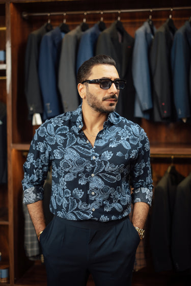 NAVY BLUE LINEN FLORAL SHIRT Humayunalamgir