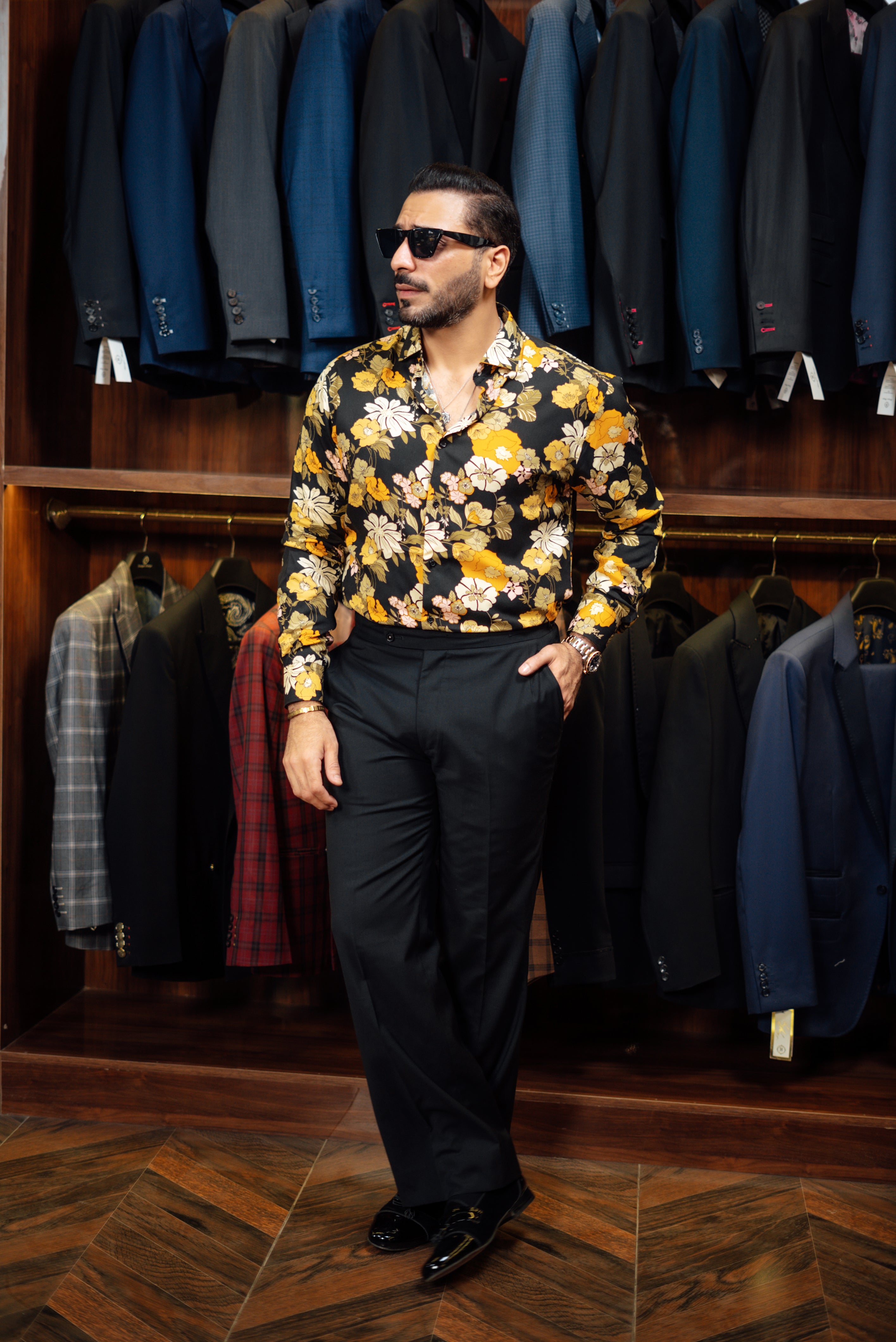 BLACK & YELLOW LINEN FLORAL SHIRT Humayunalamgir