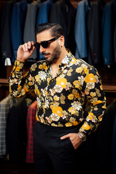 BLACK & YELLOW LINEN FLORAL SHIRT Humayunalamgir