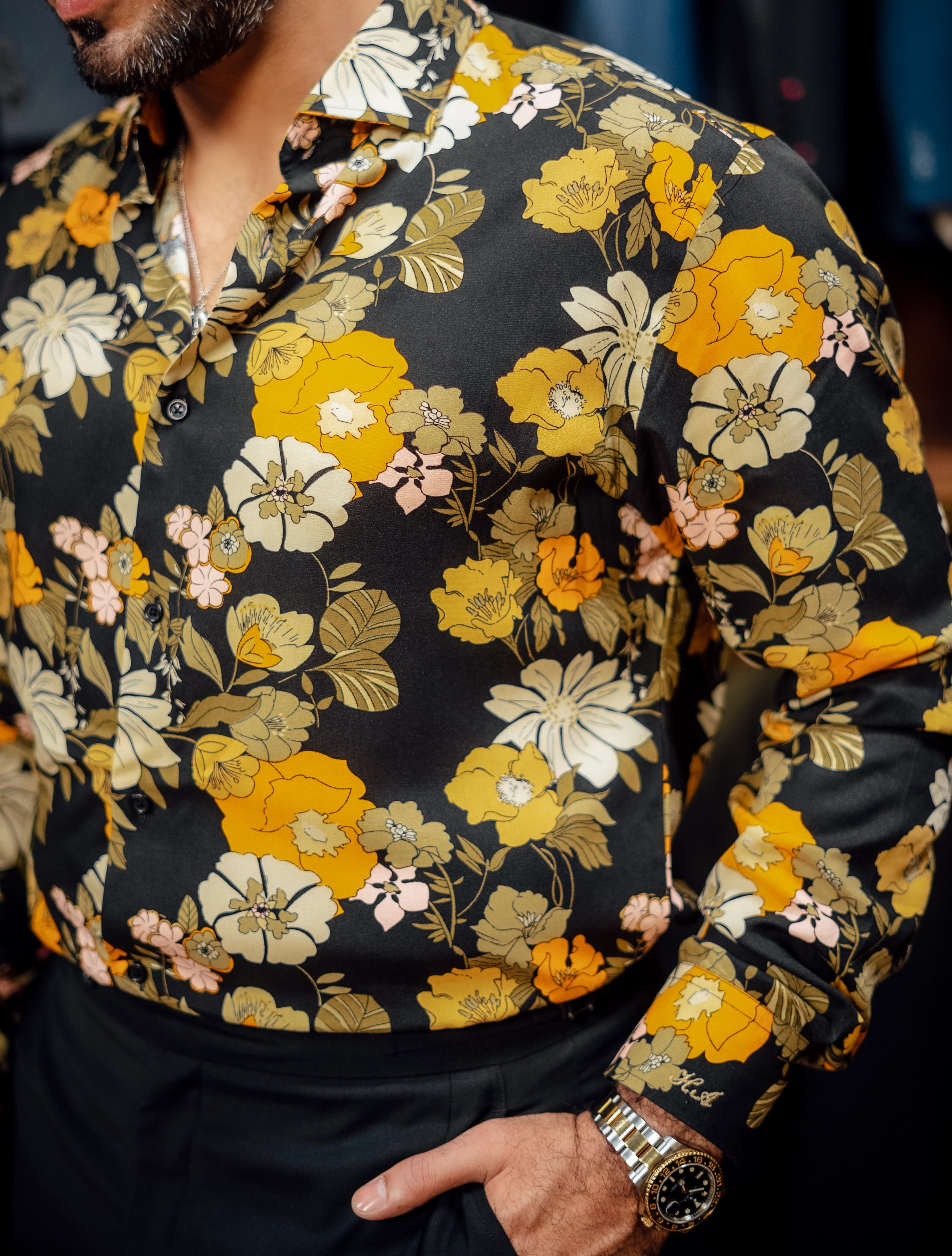 BLACK & YELLOW LINEN FLORAL SHIRT Humayunalamgir
