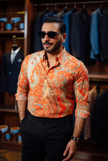 ORANGE PAISKY LINEN FLORAL SHIRT Humayunalamgir