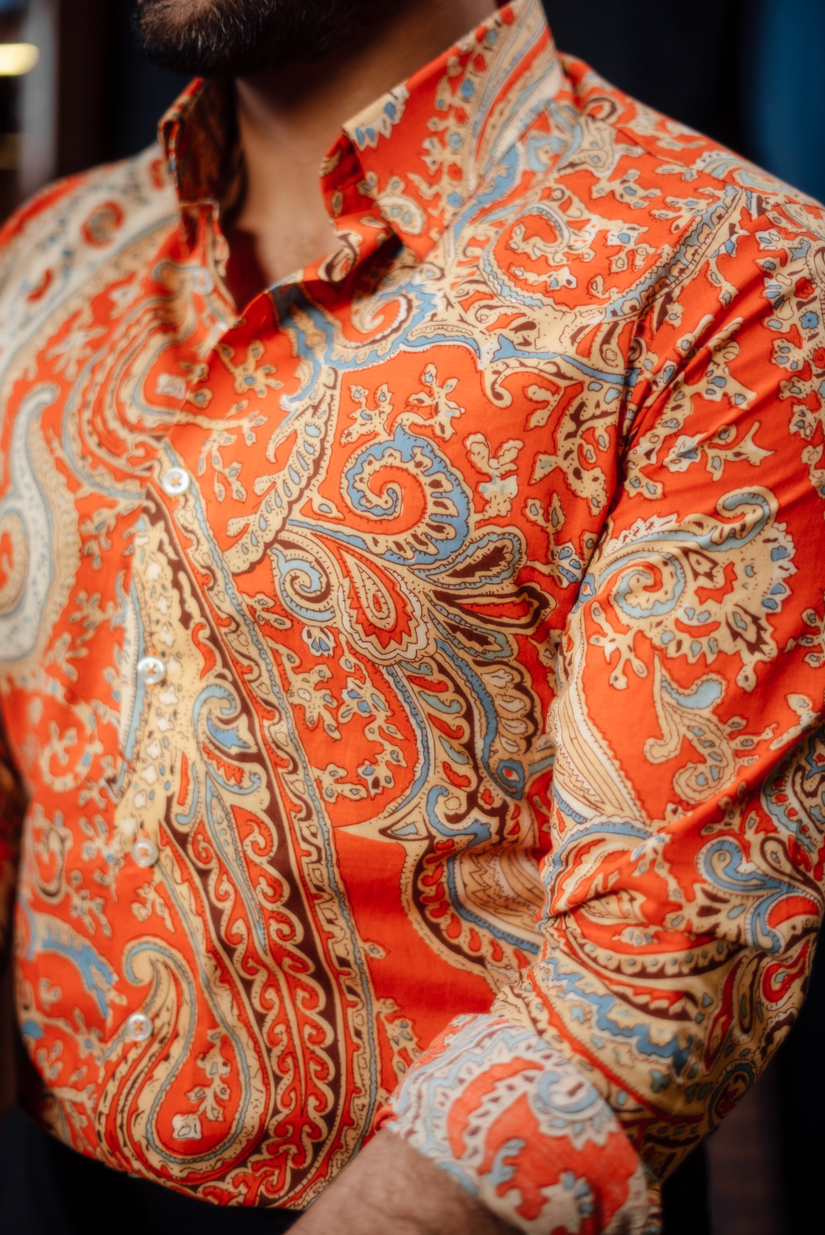 ORANGE PAISKY LINEN FLORAL SHIRT Humayunalamgir