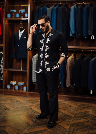BLACK SHIRT & WHITE EMBROIDERY CO-RD SET Humayun Alamgir