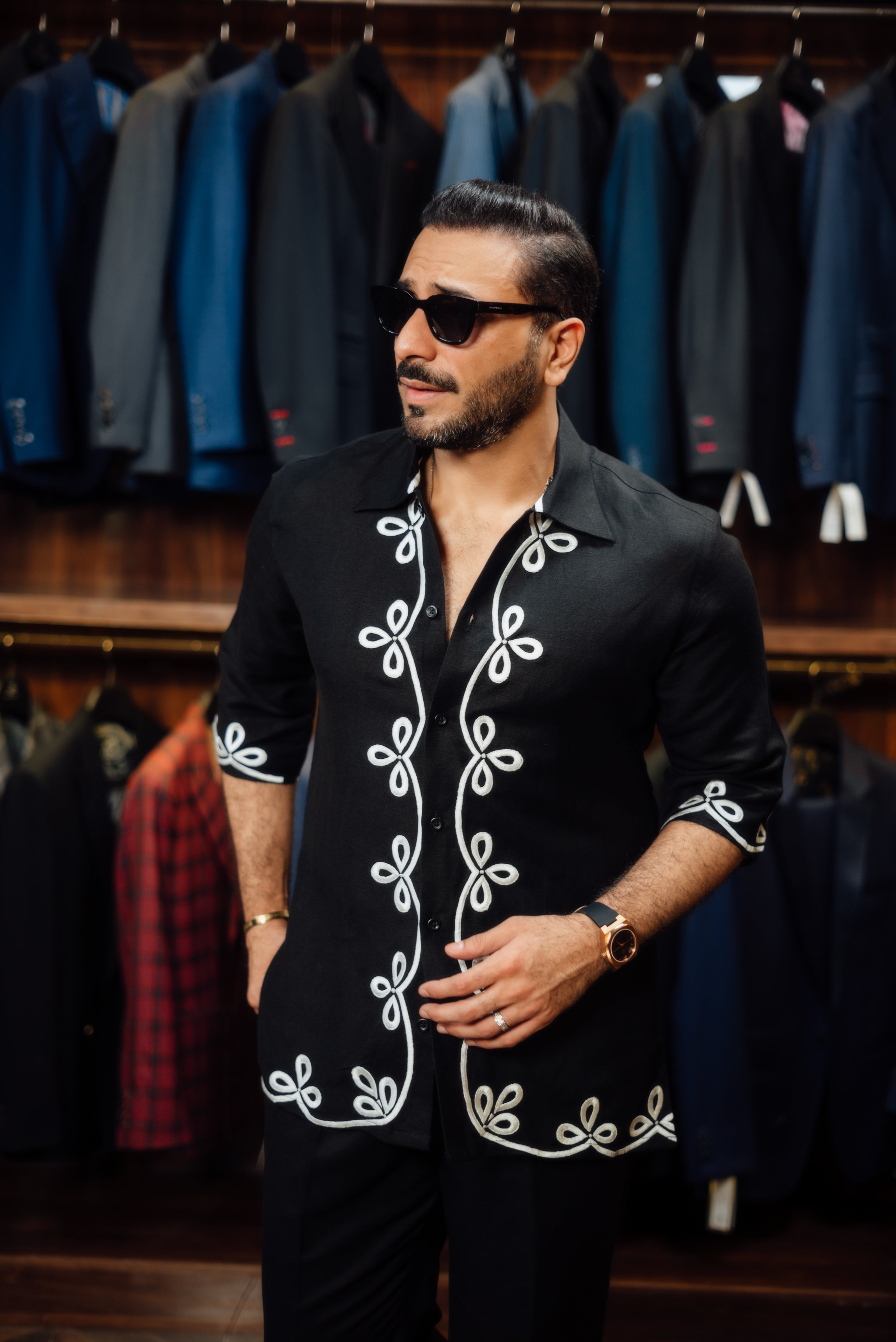 BLACK SHIRT & WHITE EMBROIDERY CO-RD SET Humayun Alamgir