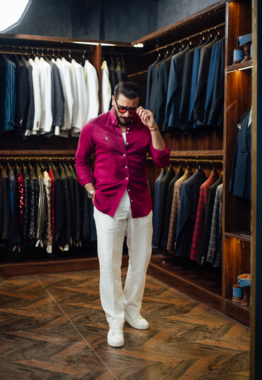 DEEP MAGENTA LINEN FLORAL SHIRT Humayunalamgir