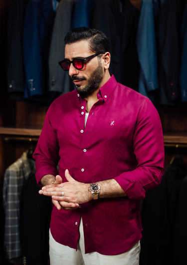 DEEP MAGENTA LINEN FLORAL SHIRT Humayunalamgir