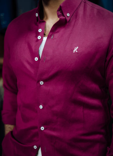 DEEP MAGENTA LINEN FLORAL SHIRT Humayunalamgir